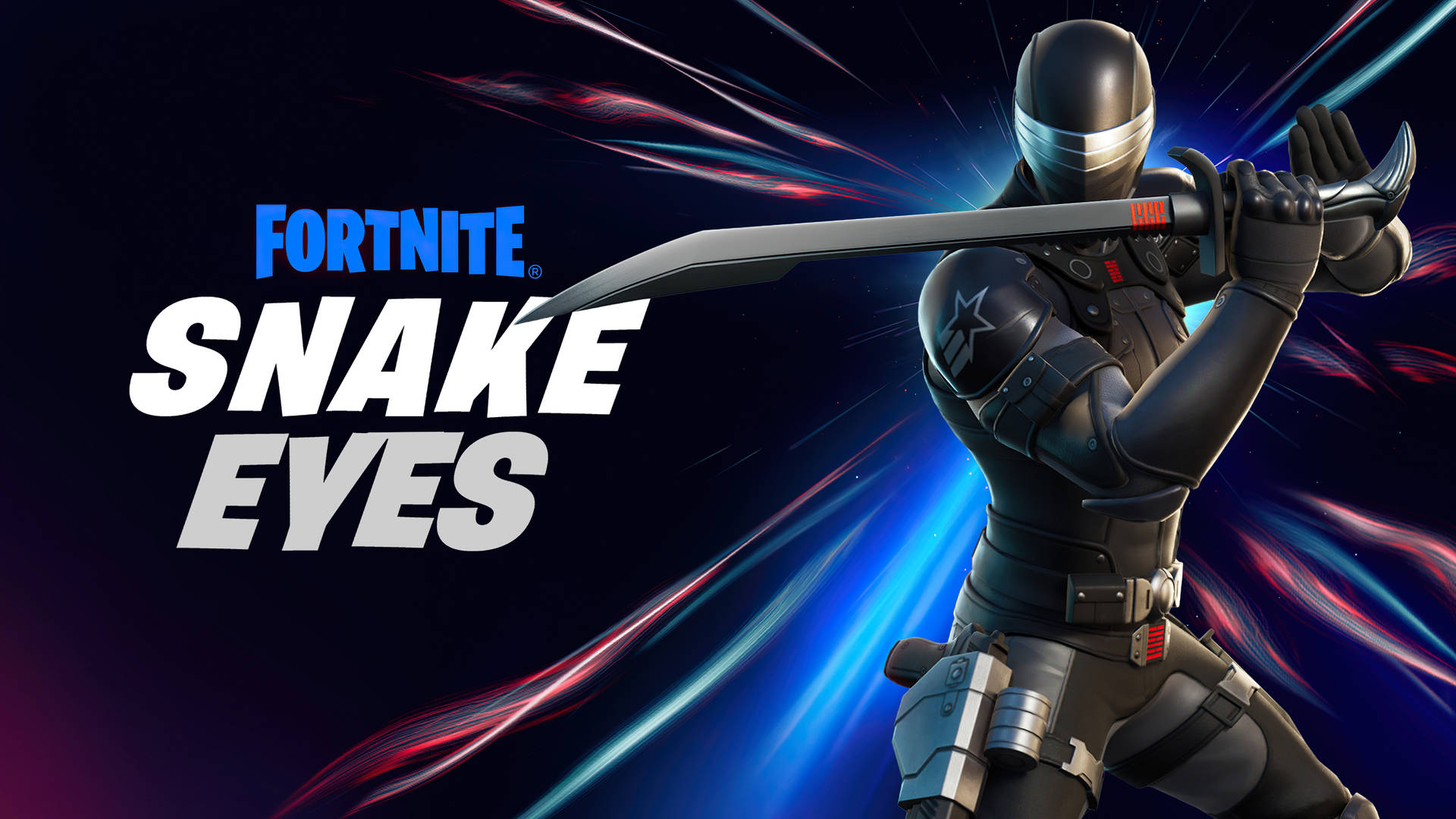Fortnite Snake Eyes角色以動態姿勢持劍，伴有發光條紋。