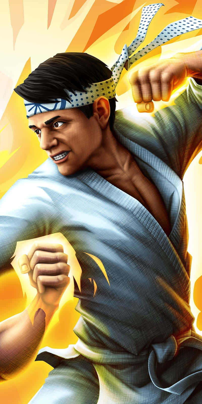 身穿藍色道服的動漫武術家，發出帶有發光能量效果的強力一拳。