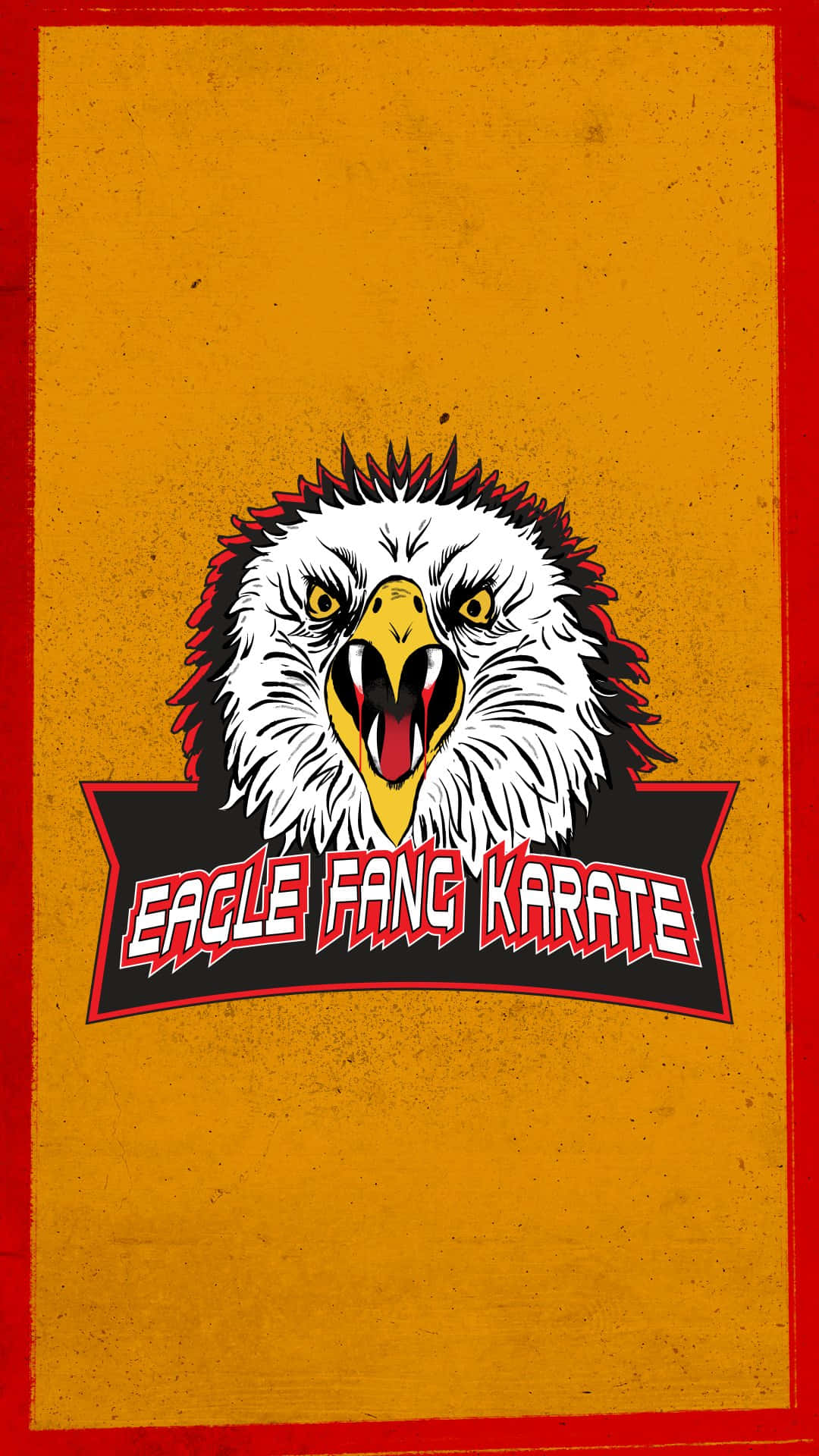 Eagle Fang Karate 標誌，帶有兇猛的鷹頭和橙色背景上的粗體紅色文字。