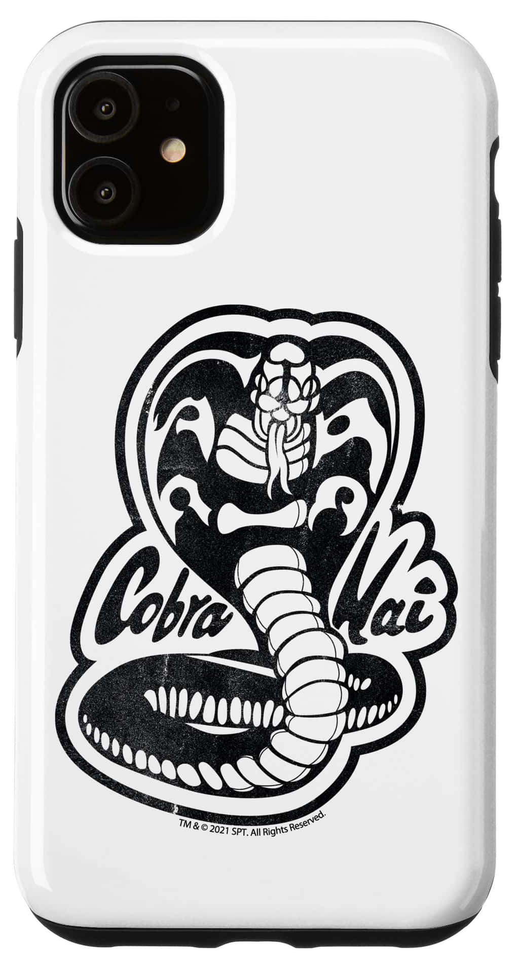 白色手機殼，帶有黑色眼鏡蛇標誌和「Cobra Kai」文字。