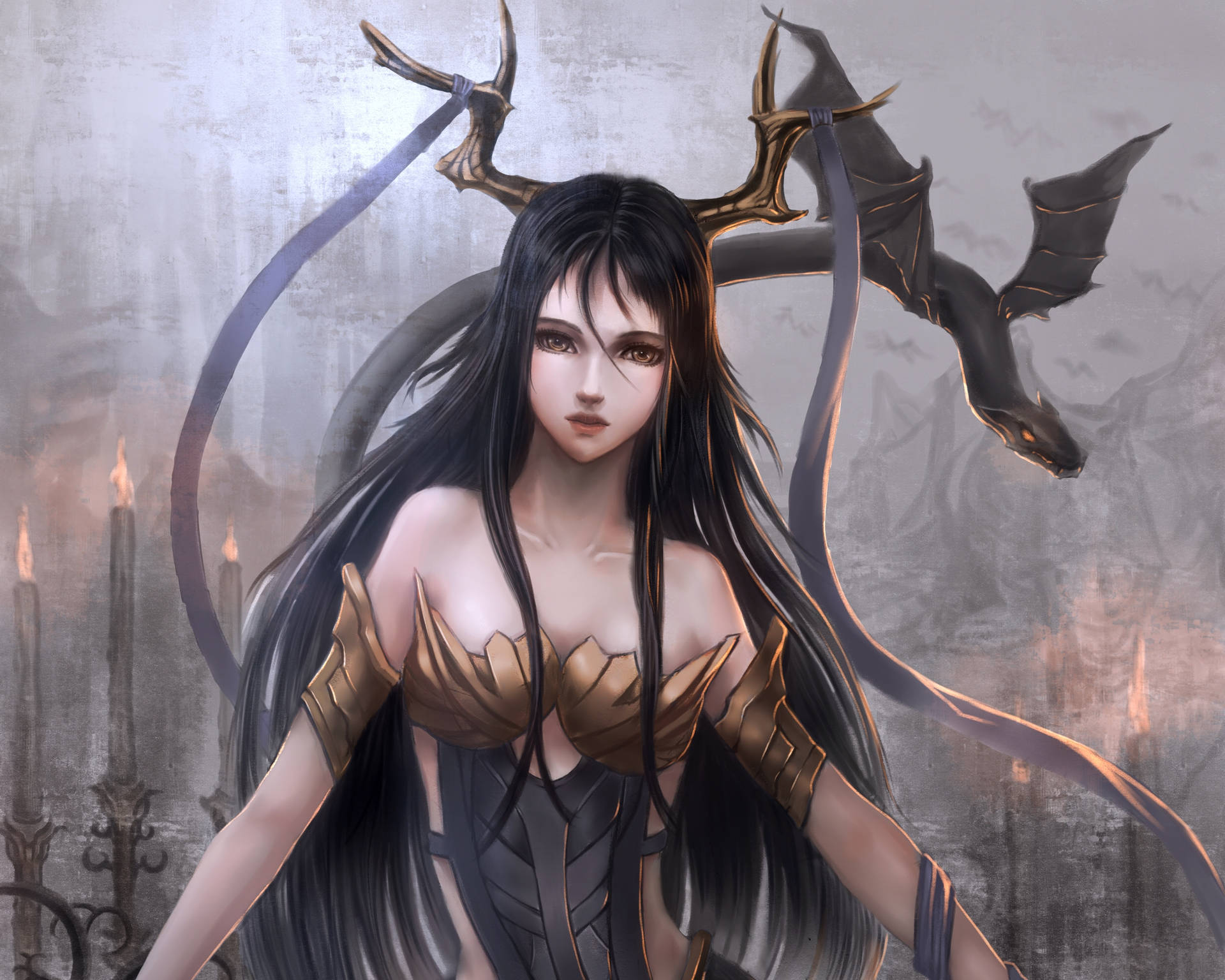 一位黑髮女惡魔，擁有龍翼和金色盔甲，站在一個由蠟燭照亮的哥德式房間裡。