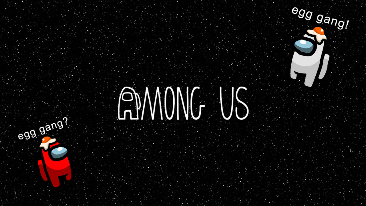 兩個 Among Us 角色在太空戴著蛋形帽子，上面有文字 egg gang。