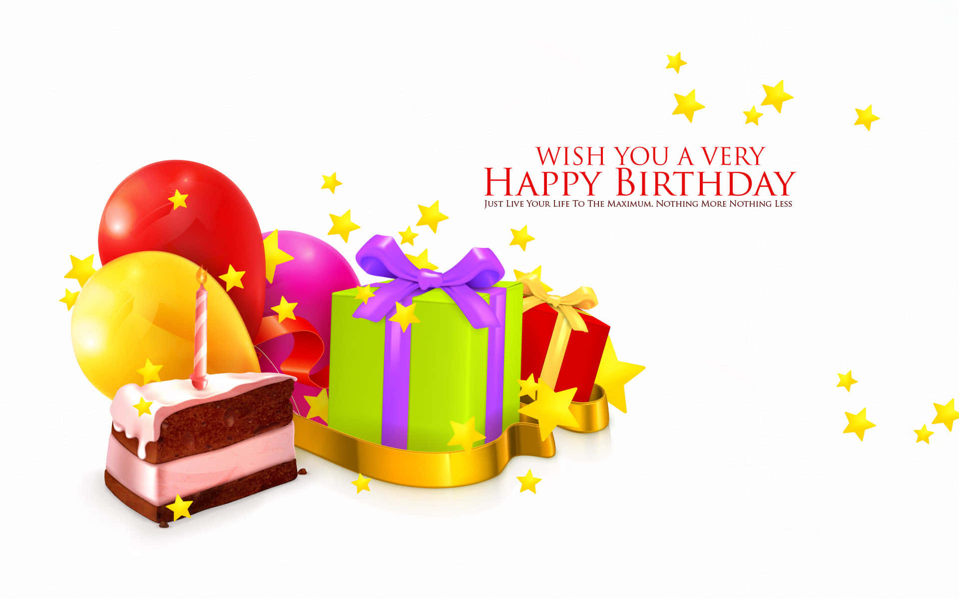 蛋糕禮物生日橫幅圖片 壁紙 — 一個節日生日場景，有一片蛋糕、一支蠟燭、彩色氣球和包裝好的禮物，周圍環繞著金色星星。