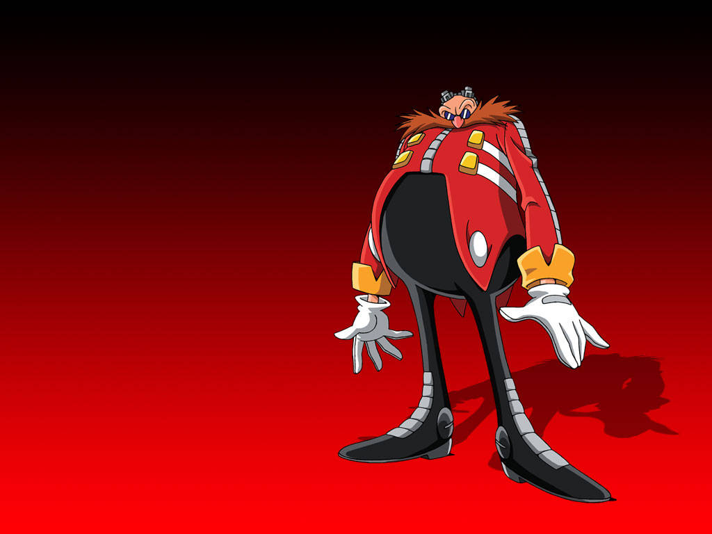 Dr Eggman 穿著紅色和黑色西裝站在紅色漸變背景前