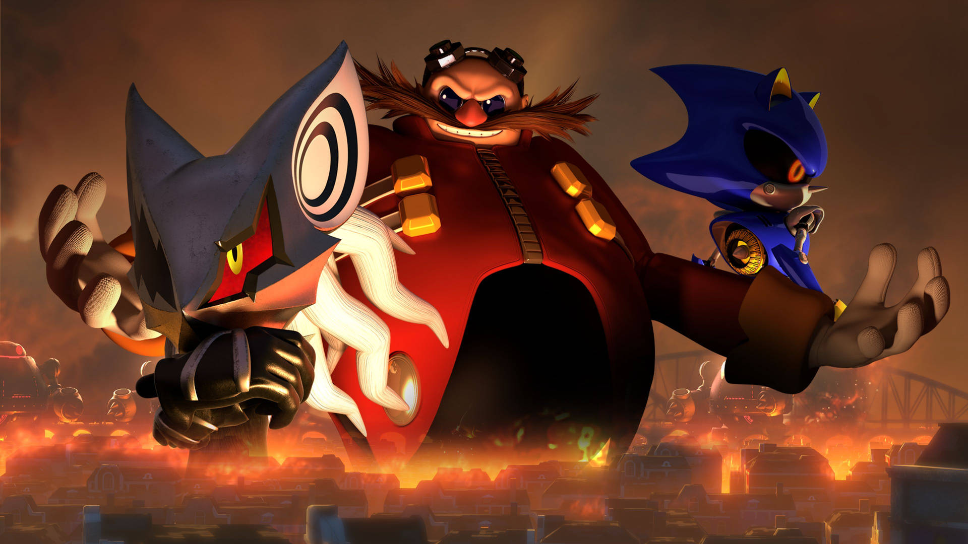 Sonic 和 Eggman 站在燃燒的城市上，伴有爆炸和煙霧。