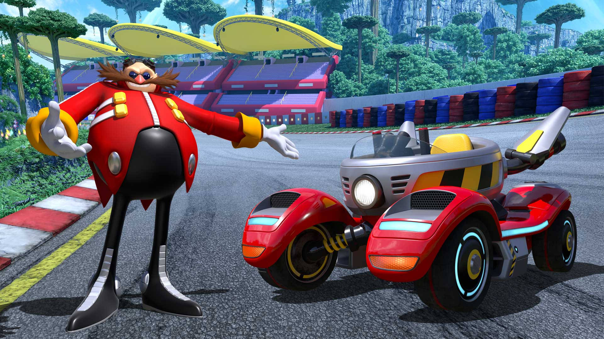 Dr Eggman 在色彩繽紛的賽道上與他的紅色賽車合影。