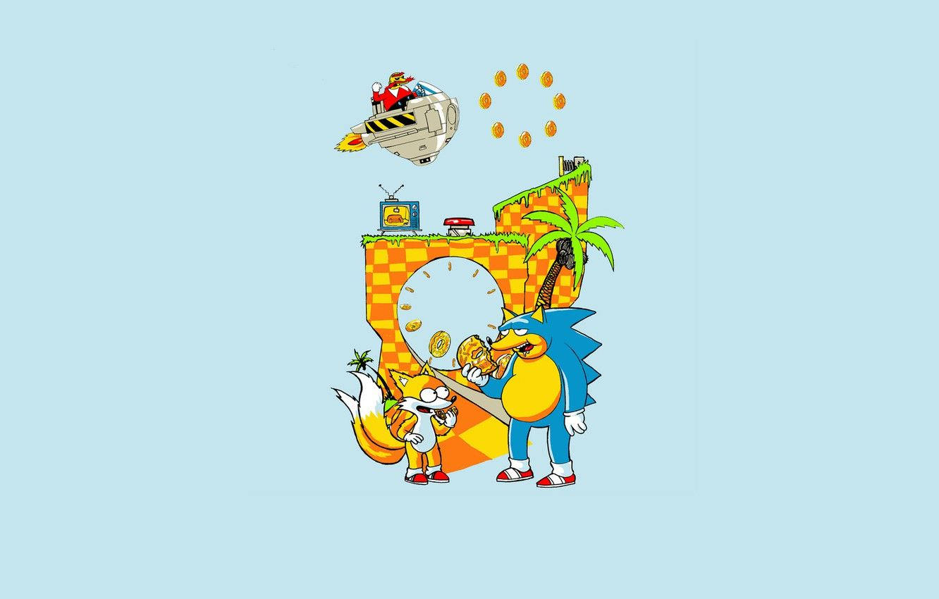 Sonic 和 Tails 在一個有棕櫚樹和飛行器掉落圓環的棋盤格島嶼上。
