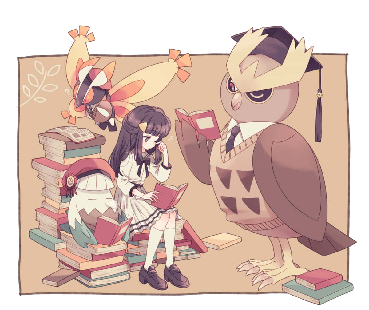 動漫女孩和貓頭鷹生物戴著畢業帽在書堆中閱讀書籍。