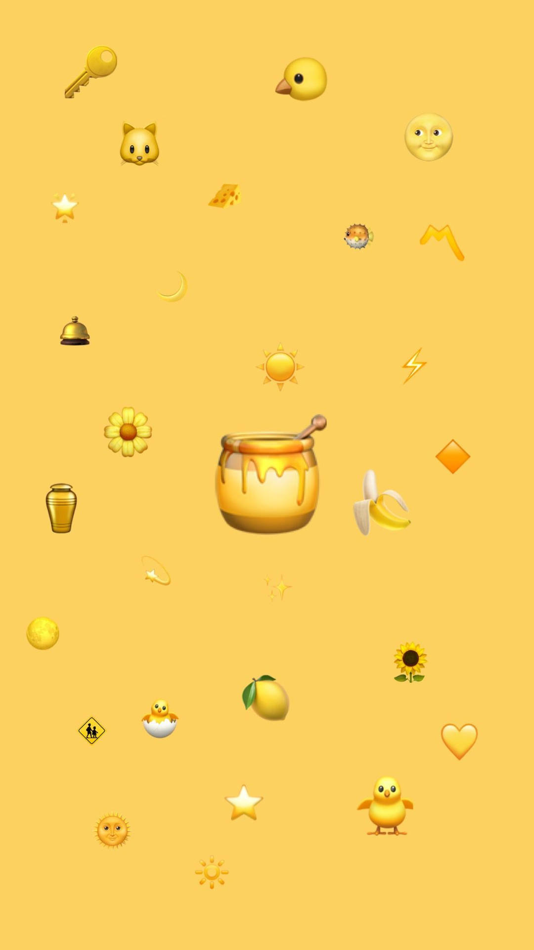 黃色表情符號壁紙，蜂蜜罐、小雞和太陽漂浮在金色背景上。