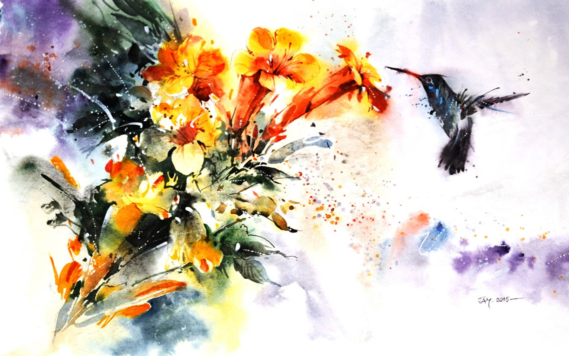 蜂鳥與花朵畫作 壁紙 — 充滿活力的水彩畫，描繪橙色花朵和蜂鳥在動態運動中，背景為紫色和白色的潑濺。