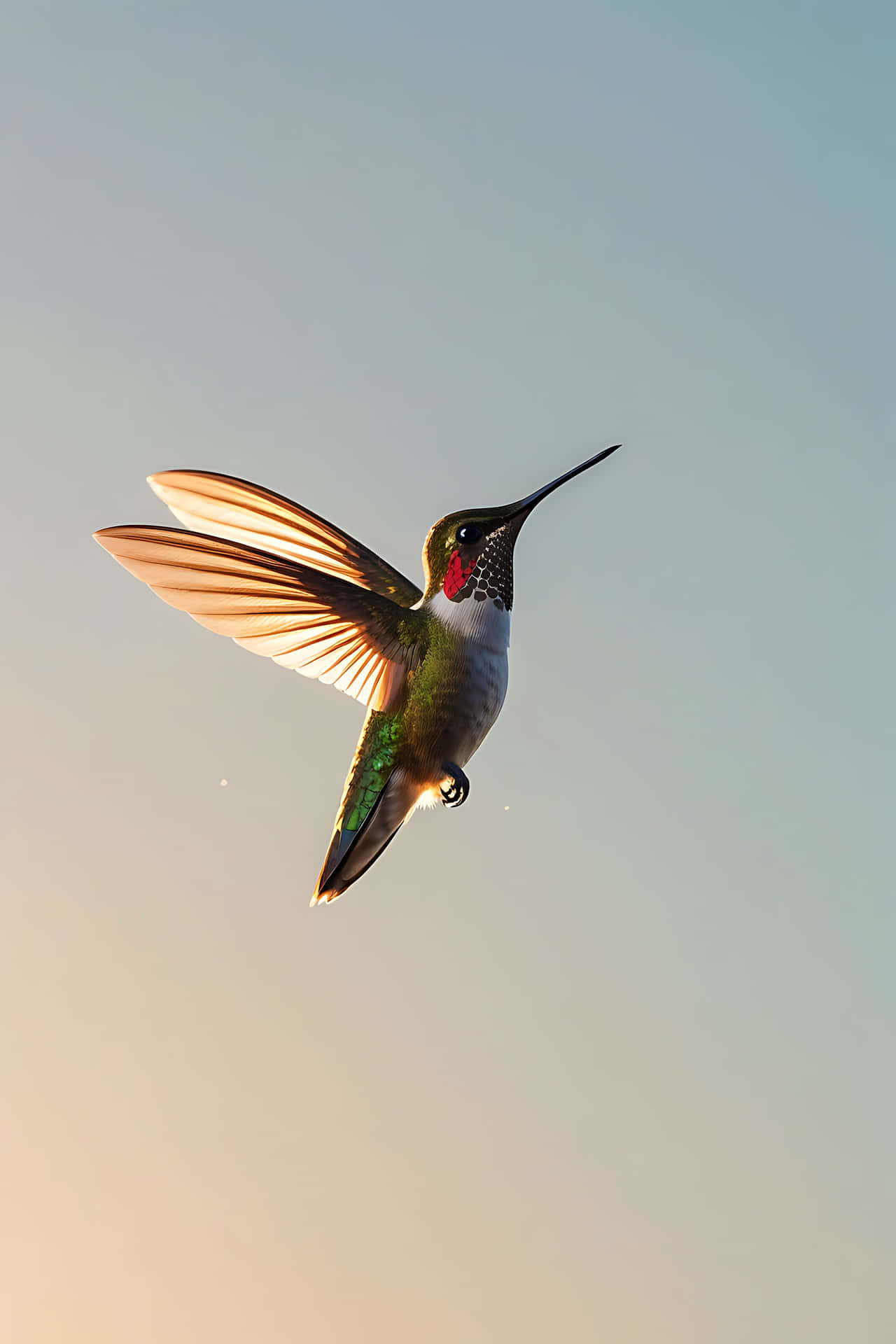 蜂鳥飛行 壁紙 — 一隻蜂鳥在半空中盤旋，翅膀因快速運動而模糊，背景是柔和的漸變天空。