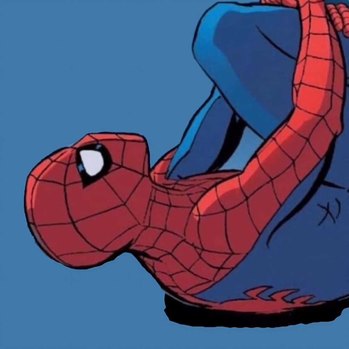 蜘蛛俠穿著紅藍戰衣倒掛。
