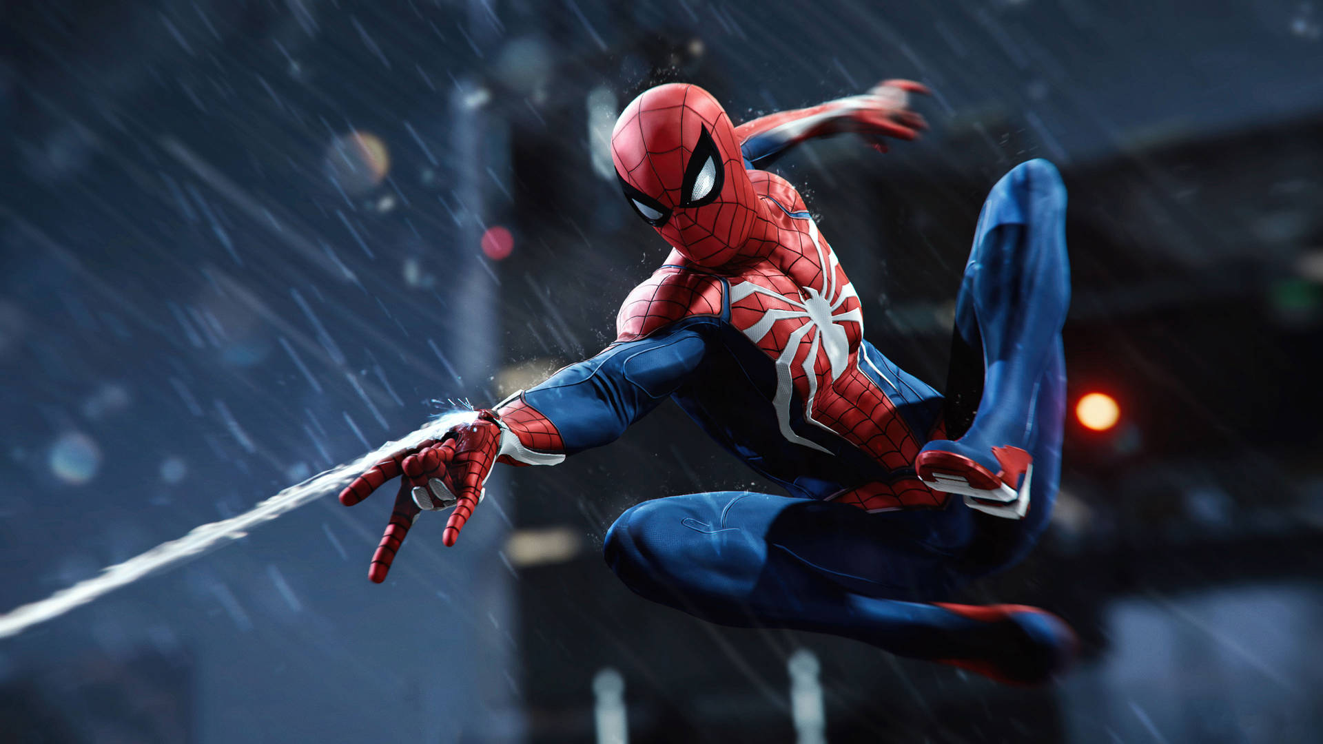 蜘蛛俠在雨夜城市中擺盪並發射蜘蛛絲。 — 漫威 壁紙