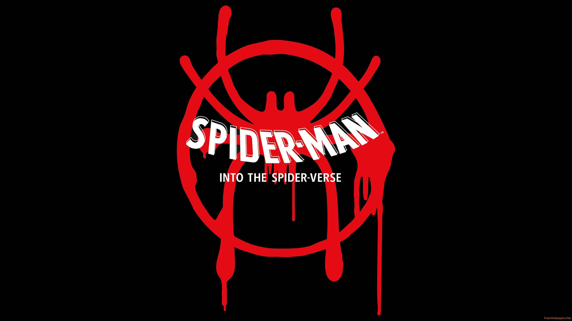 Spider-Man Into the Spider-Verse 標誌，帶有紅色滴落蜘蛛設計，背景為黑色。