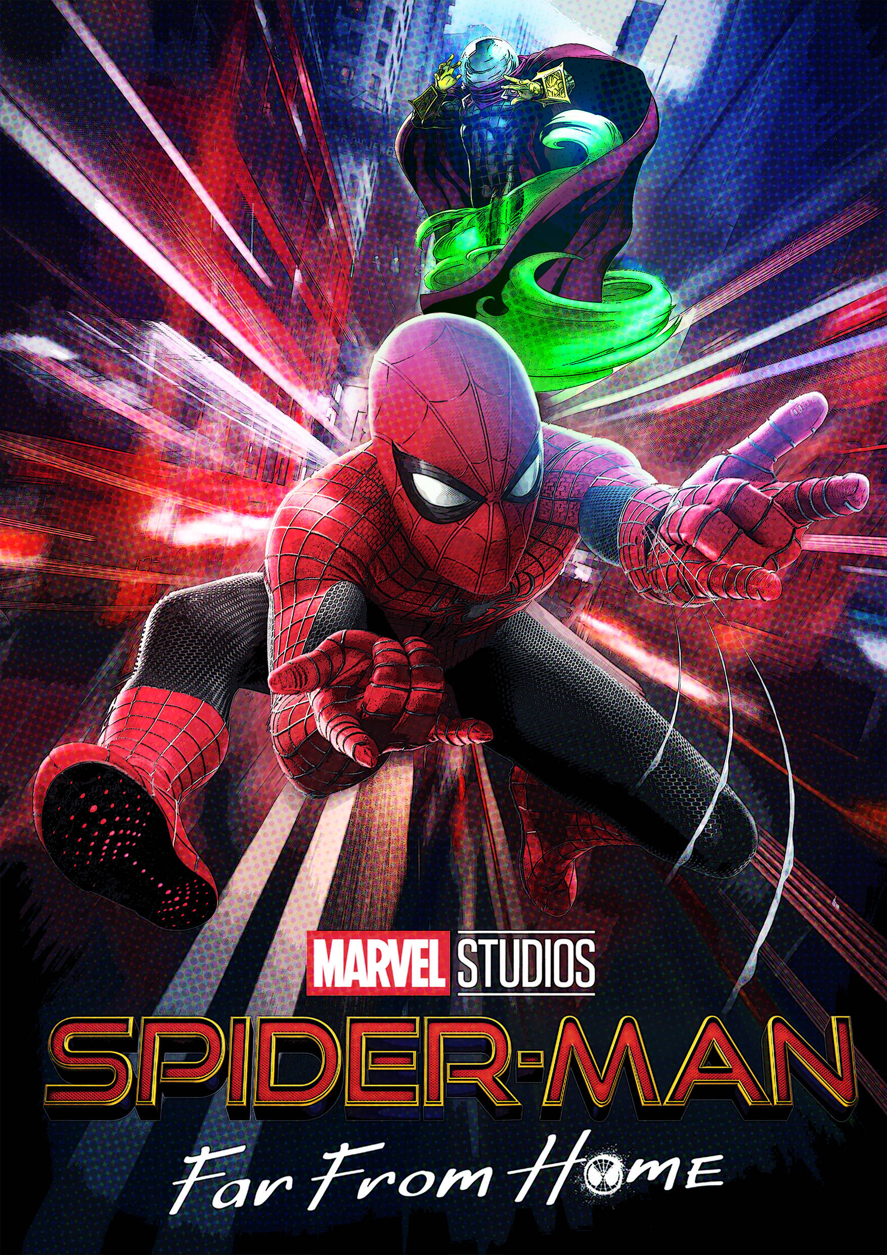 蜘蛛人：遠離家園 MCU 壁紙 — 蜘蛛俠身穿紅色戰衣，在模糊的城市背景下動態擺盪，綠色反派在上方若隱若現。