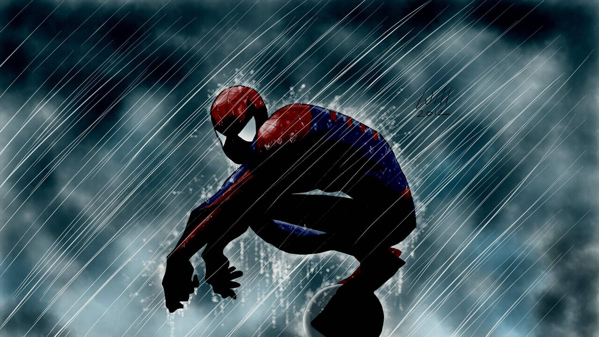 蜘蛛俠在暴風雨的天空下蹲在傾盆大雨中。 — 蜘蛛人 壁紙