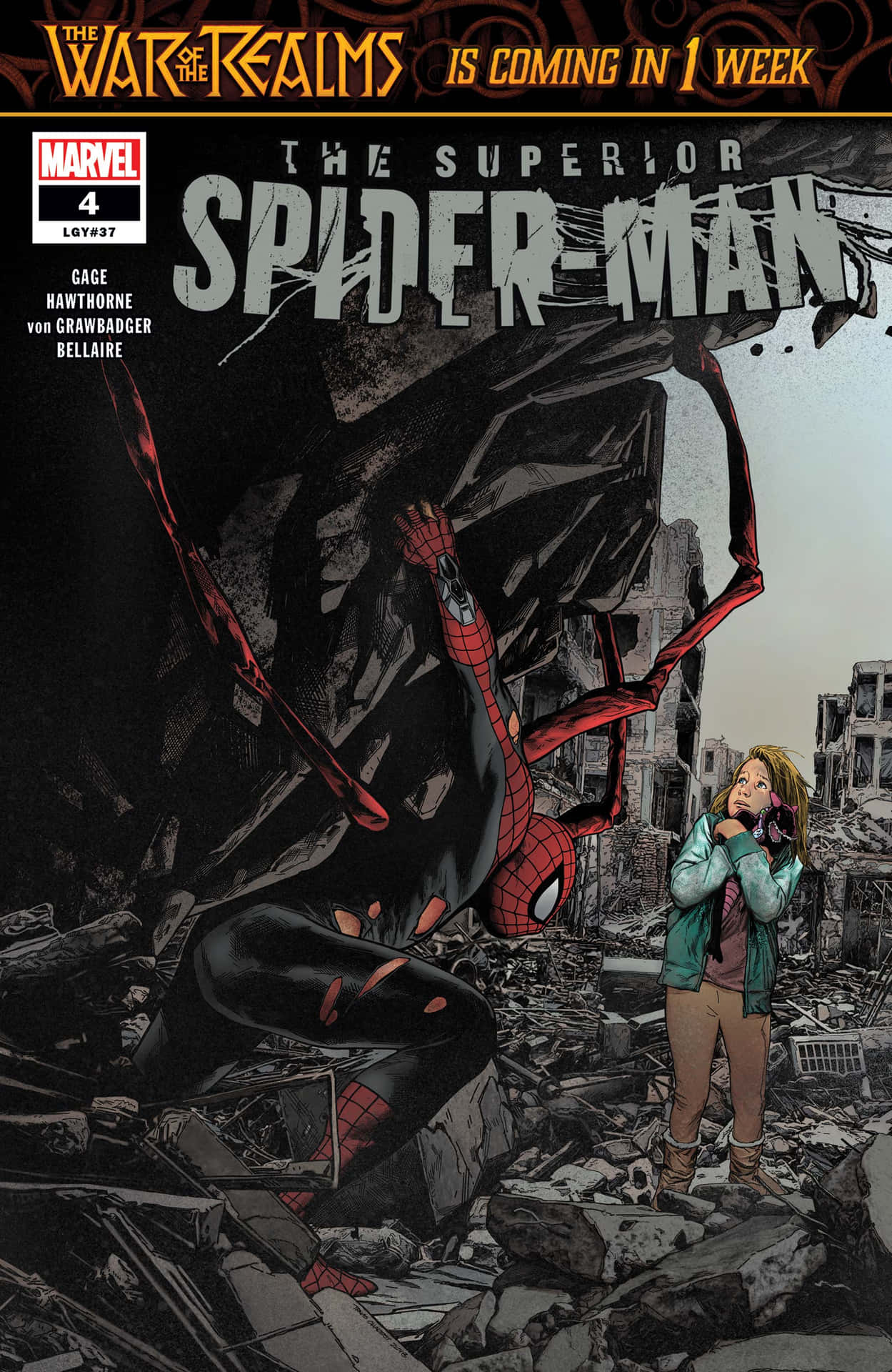 Superior Spider-Man衝破瓦礫，一名女子在廢墟城市中敬畏地觀看。