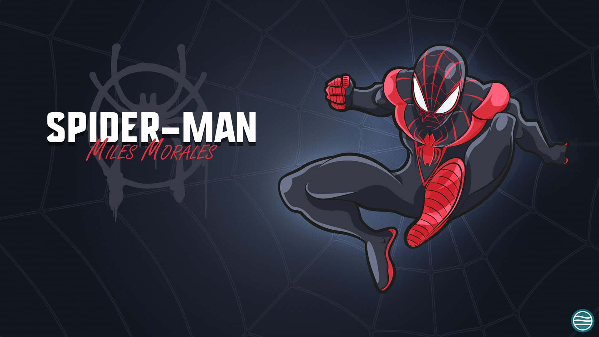 Miles Morales 動漫 桌布 壁紙 — 蜘蛛俠 麥爾斯·莫拉利斯 身穿紅黑戰衣，在黑暗的網紋背景上動態擺盪，眼睛發光。