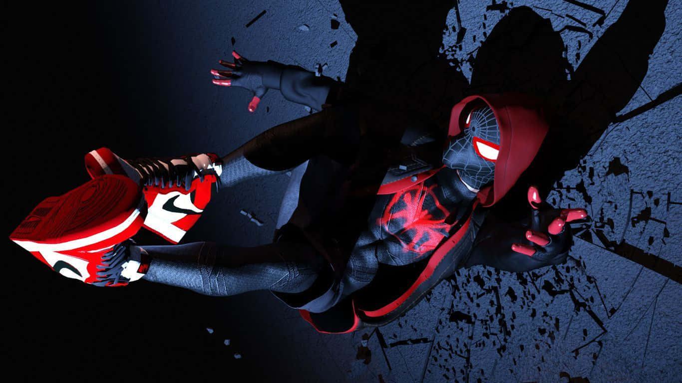 1366x768 Marvel 桌布 壁紙 — 蜘蛛俠 麥爾斯·莫拉利斯 身穿紅黑戰衣，在破碎的深藍色牆壁前動態擺盪，雙眼發出紅光。