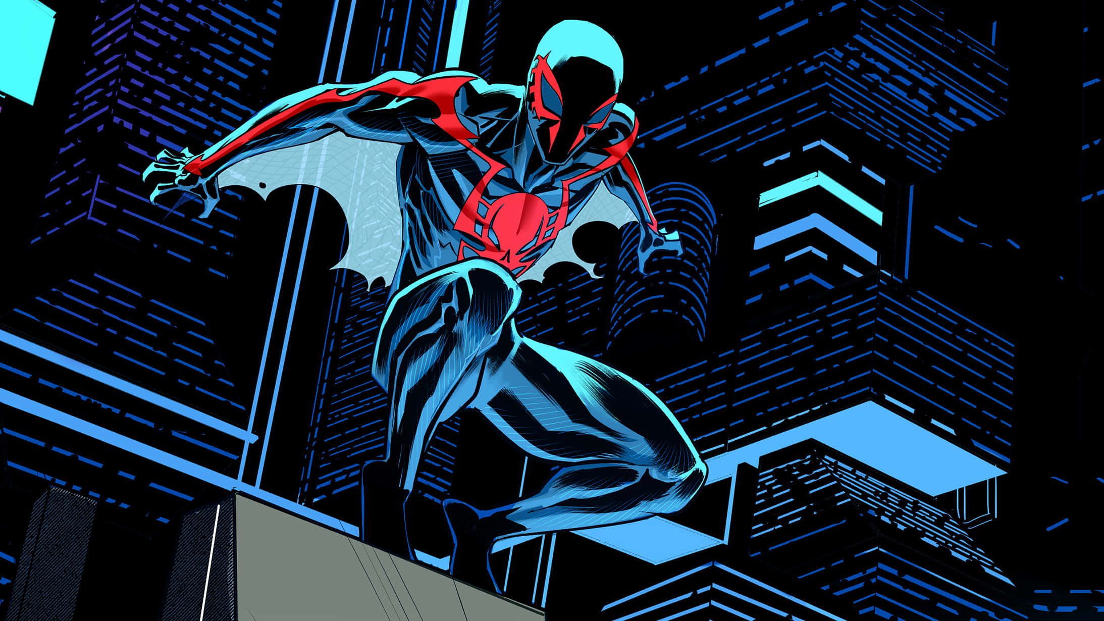 Spider Man 2099 桌布 壁紙 — 蜘蛛俠 麥爾斯·莫拉利斯在夜間動態地跳躍穿過霓虹燈照亮的天際線，帶有鮮明的藍色和紅色亮點。