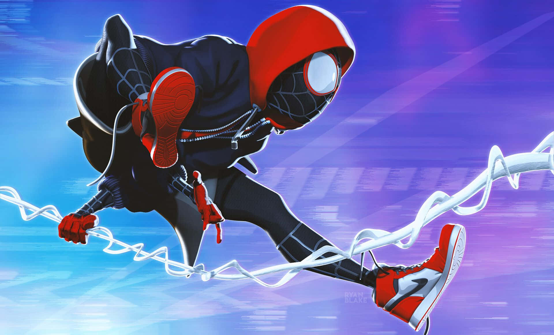 Miles Morales 動漫 桌布 壁紙 — 蜘蛛俠 麥爾斯·莫拉萊斯 使用蜘蛛絲在充滿活力的藍色和紫色城市景觀中動態擺盪。