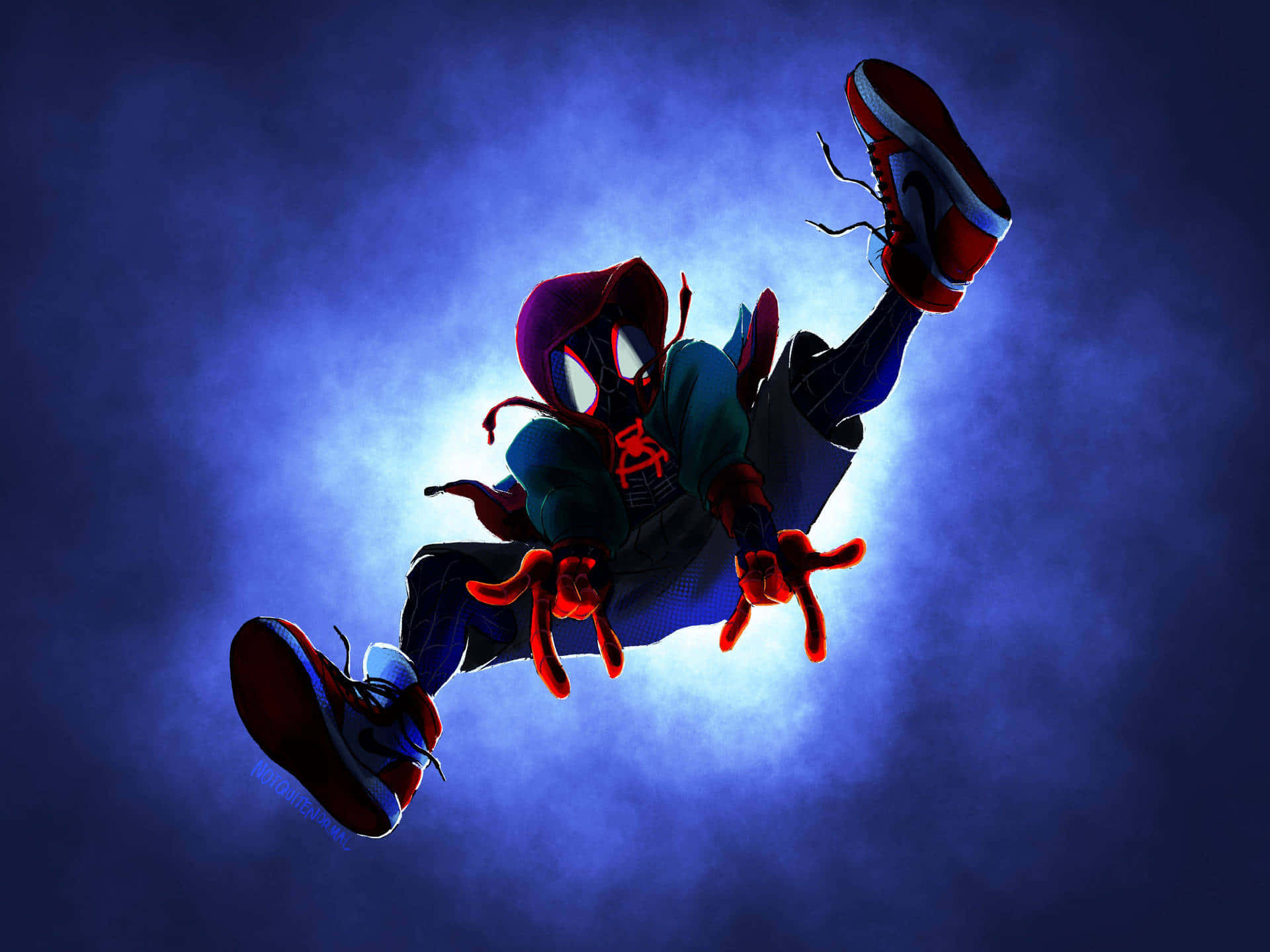 Miles Morales 動漫 桌布 壁紙 — 蜘蛛俠 麥爾斯·莫拉萊斯 穿著紅色運動鞋和蛛網手套，在發光的藍色霧氣天空中動態擺盪。