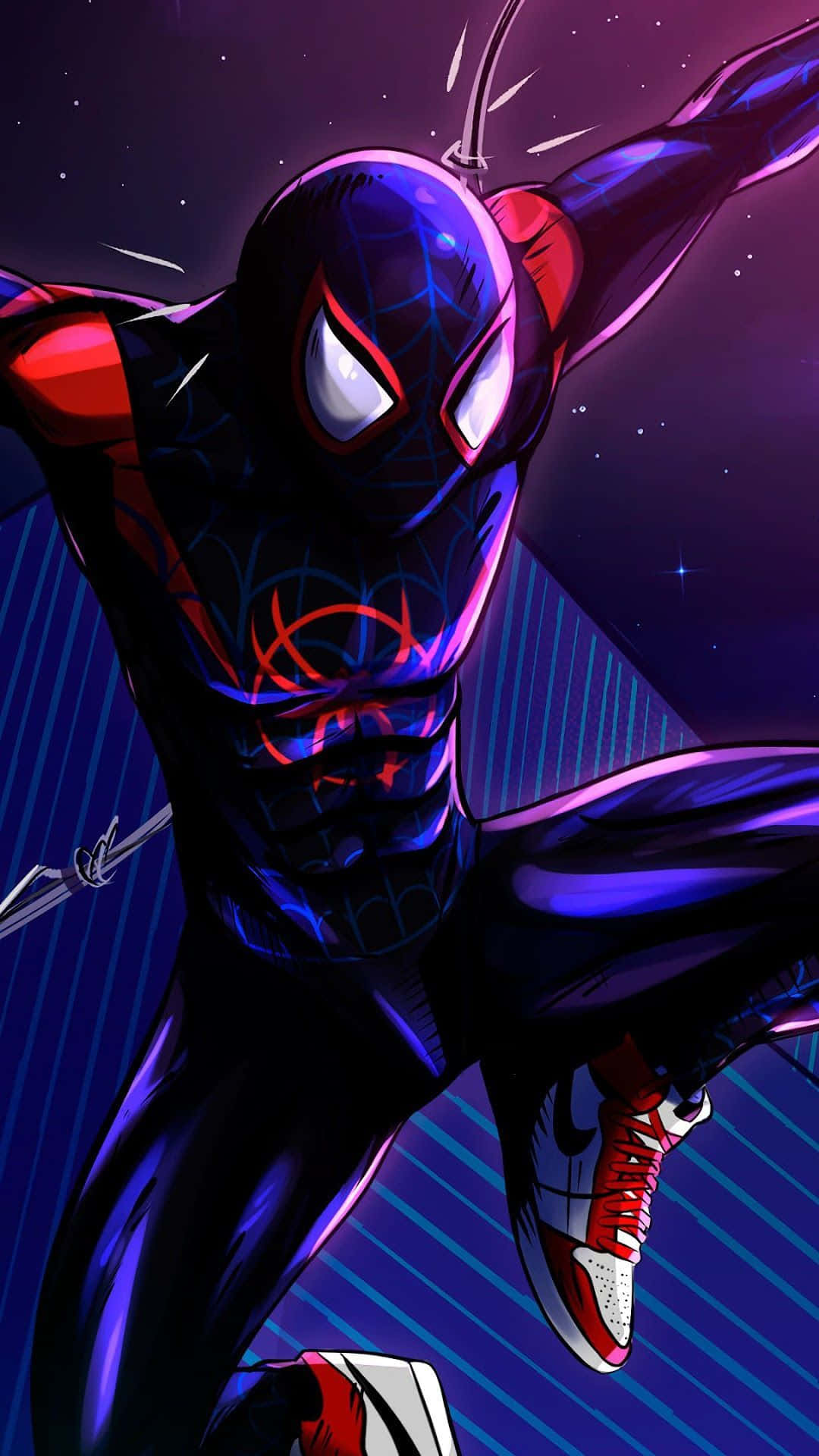 Miles Morales 動漫 桌布 壁紙 — 蜘蛛俠以動感姿態，襯托著星光閃爍的紫色夜空，帶有發光的藍色條紋。