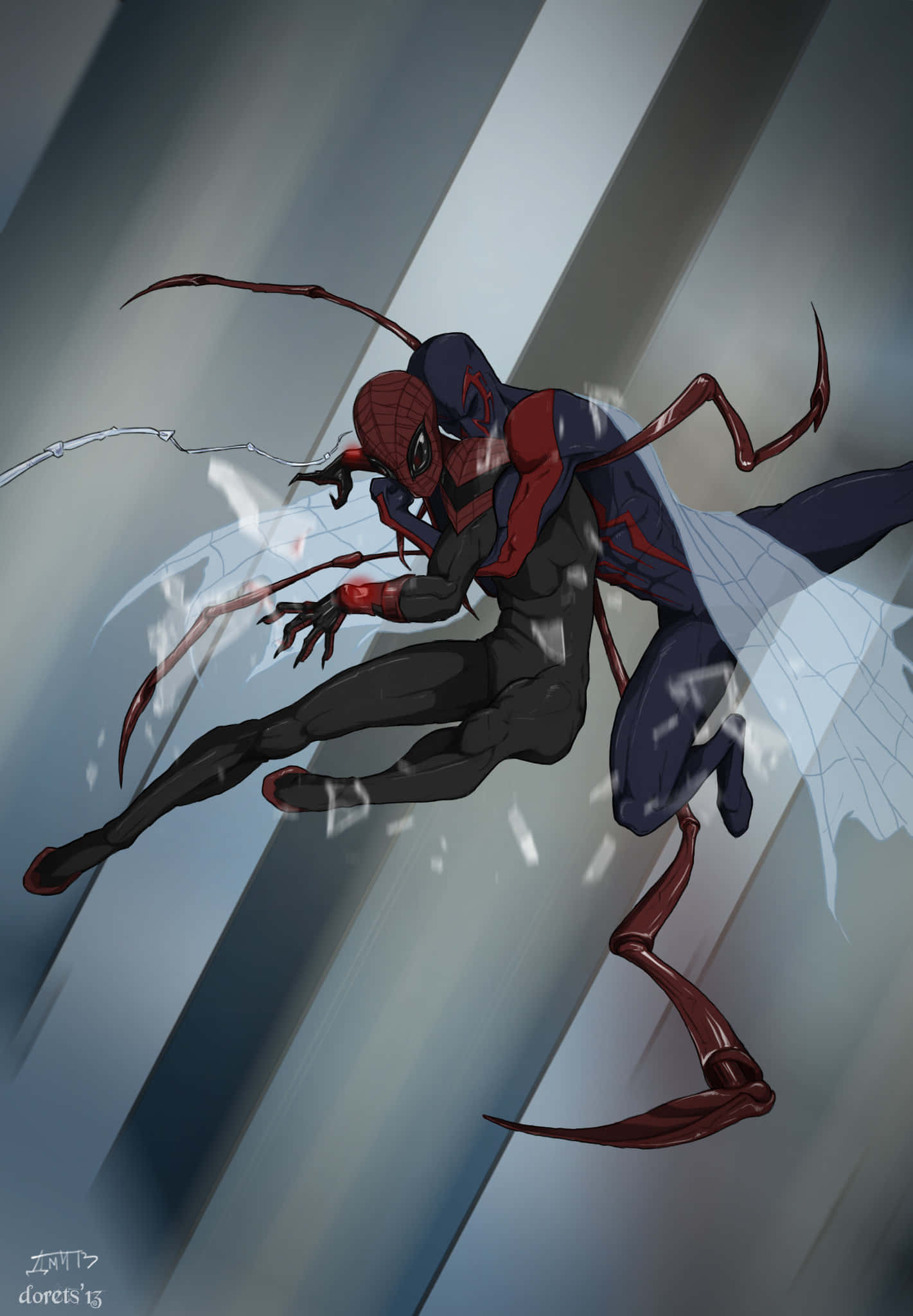 Superior Spider-man 桌布 壁紙 — 蜘蛛俠以動感姿態展現，帶有昆蟲般的肢體和蛛網，背景為模糊的城市景觀。