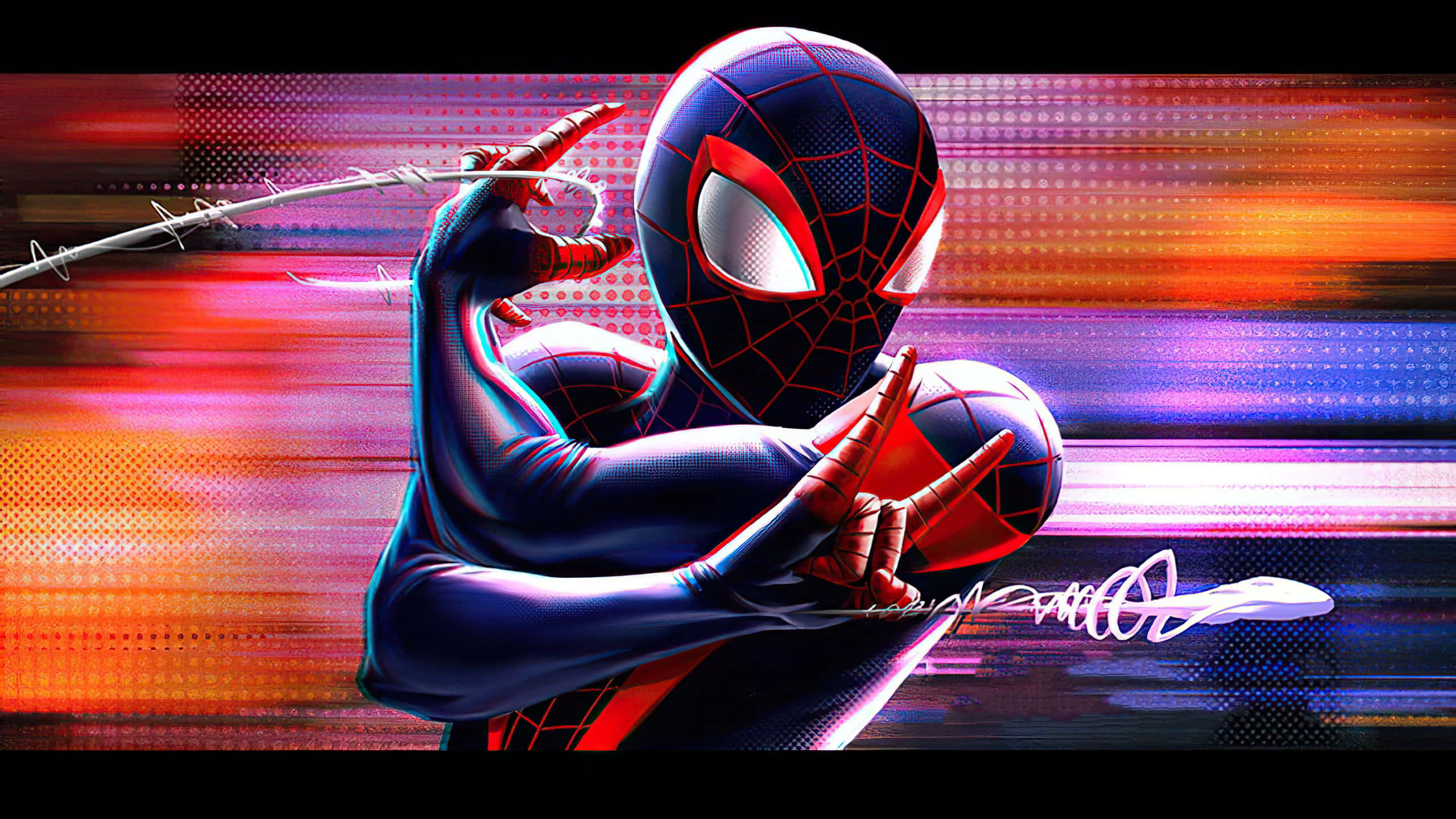 Spider-man Web Shooter 桌布 壁紙 — 蜘蛛俠以動感姿態站在充滿霓虹色彩條紋和數位效果的鮮豔抽象背景前。