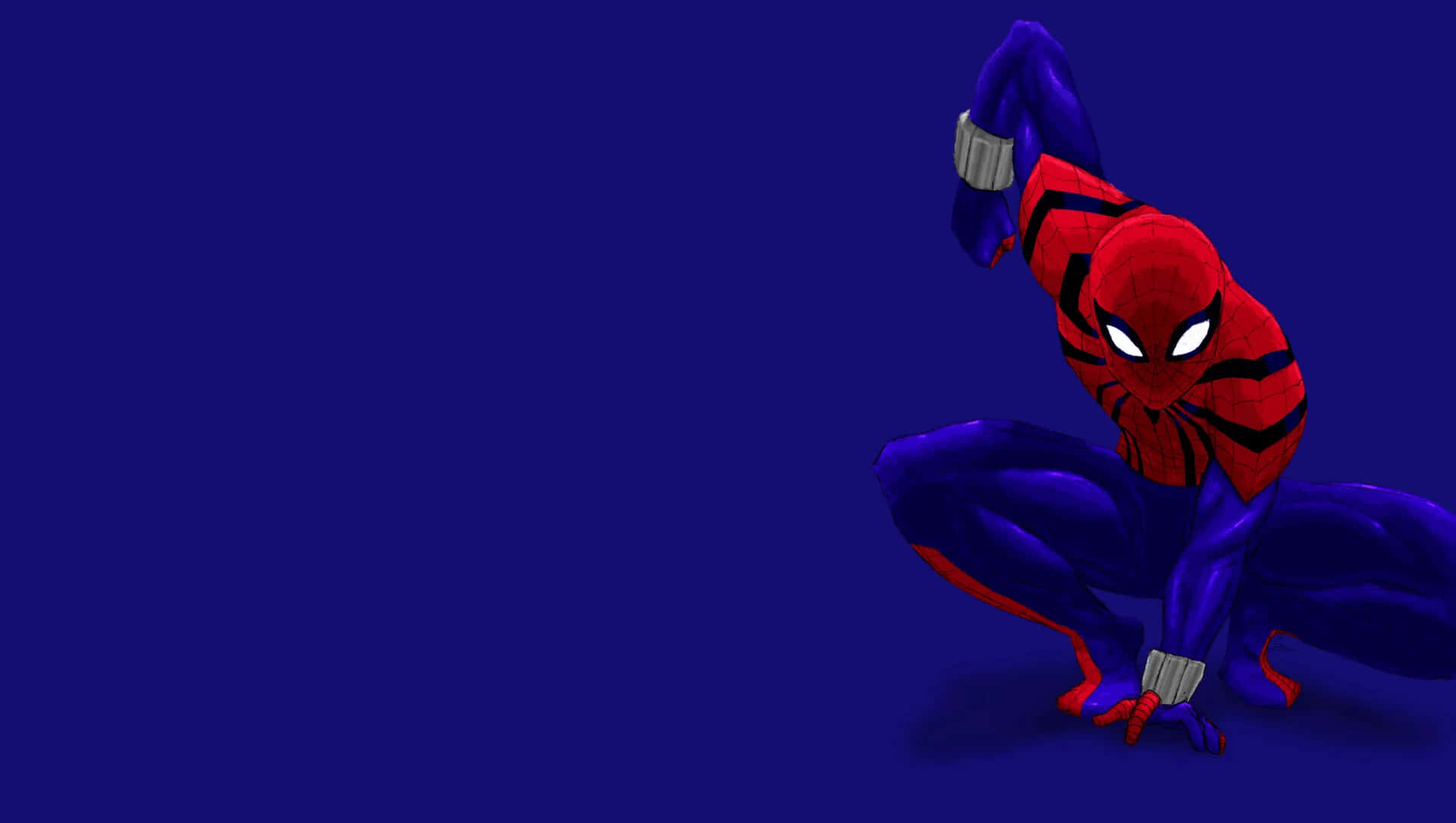 Spider-man Blue 桌布 壁紙 — 蜘蛛俠以動態姿勢蹲在純深藍色背景上，眼睛發出白光。