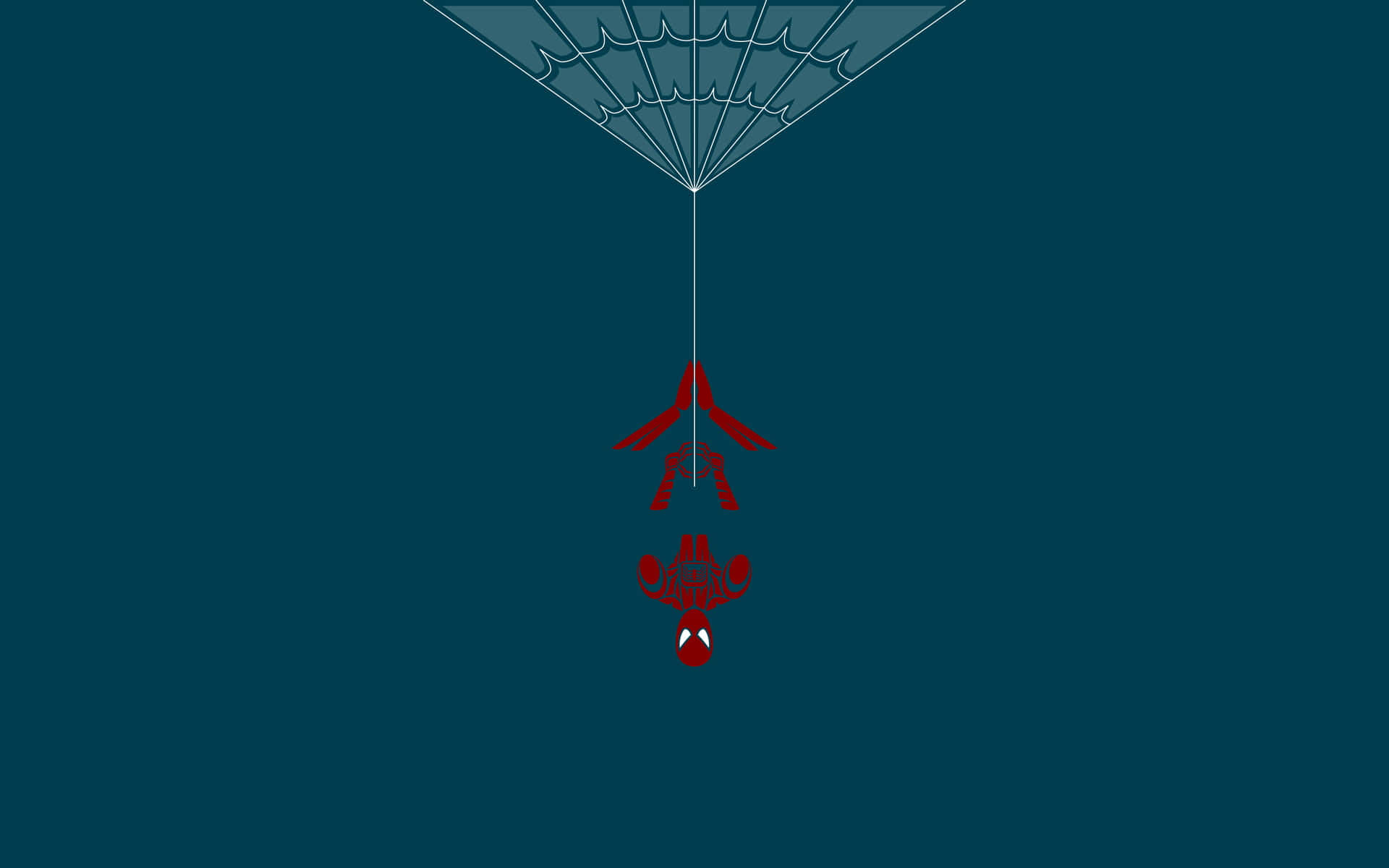 Spider-man Web Slinging 桌布 壁紙 — 蜘蛛俠以極簡數位藝術風格，倒掛在深藍綠色背景的蜘蛛網上。
