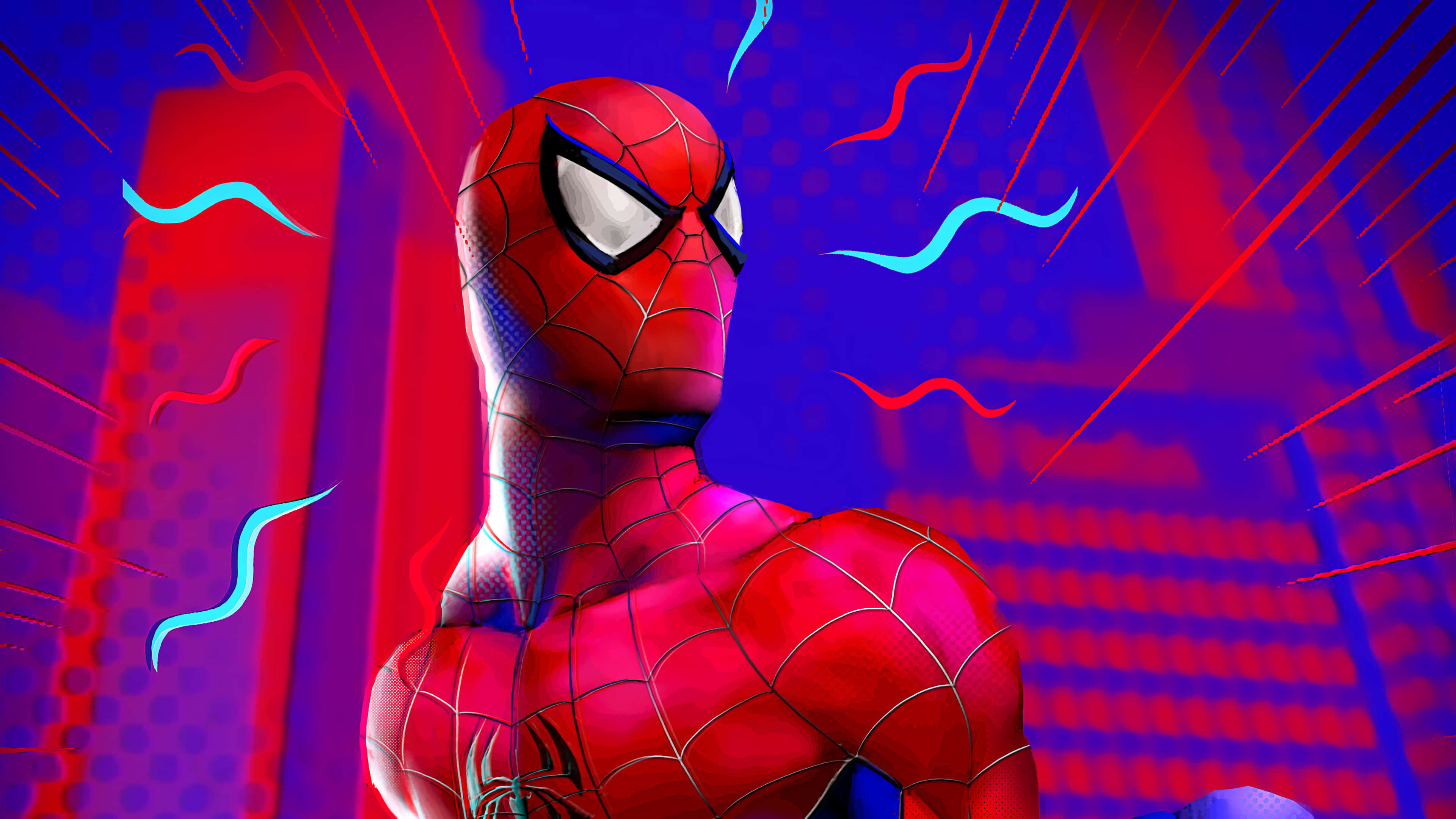 Spider-man Spider Sense 桌布 壁紙 — 蜘蛛俠以英雄姿態站在充滿活力的紅藍漫畫風格城市景觀中，帶有動態運動線條和霓虹色調。