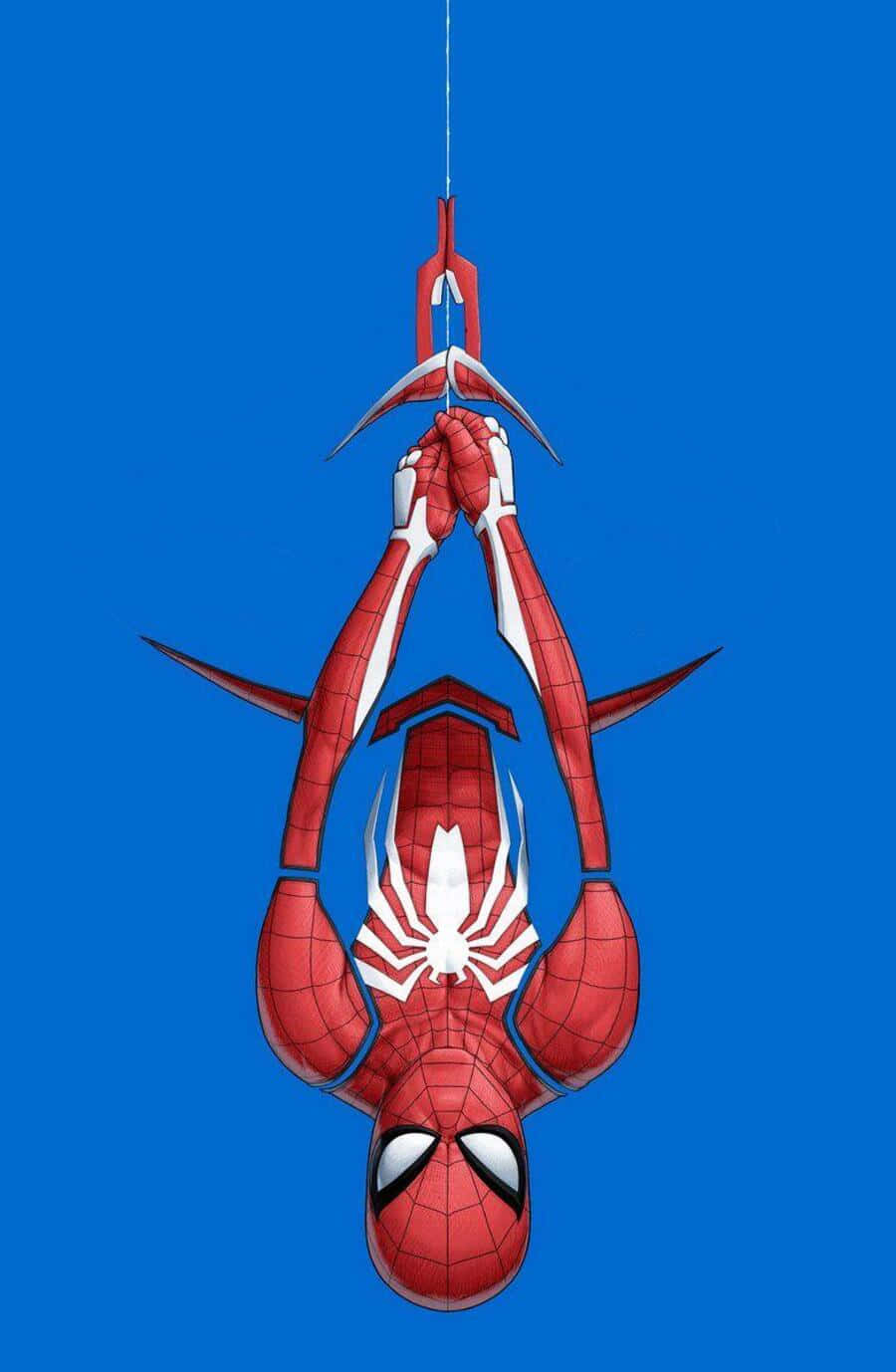 Spider-geddon 桌布 壁紙 — 蜘蛛俠倒掛在純藍色背景上，雙手抓住蜘蛛絲。