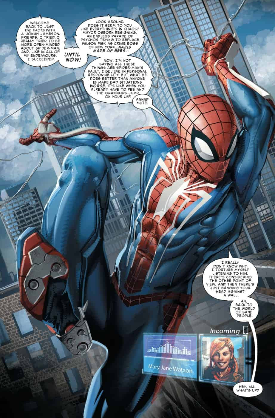 Spider-geddon 桌布 壁紙 — 蜘蛛俠動態地穿梭於摩天大樓和漫畫對話氣泡的城市景觀中。
