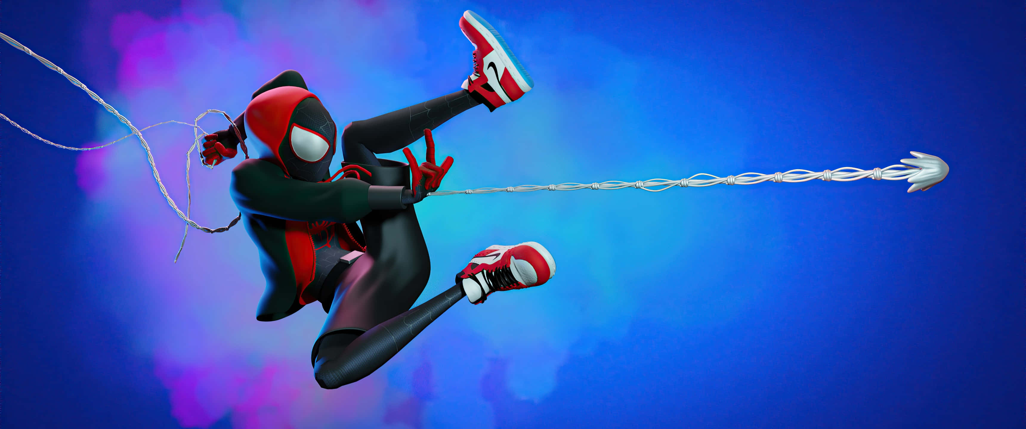 Spider-man Blue 桌布 壁紙 — 蜘蛛俠動態地穿過充滿活力的藍色和紫色天空，身後拖著蜘蛛網線。