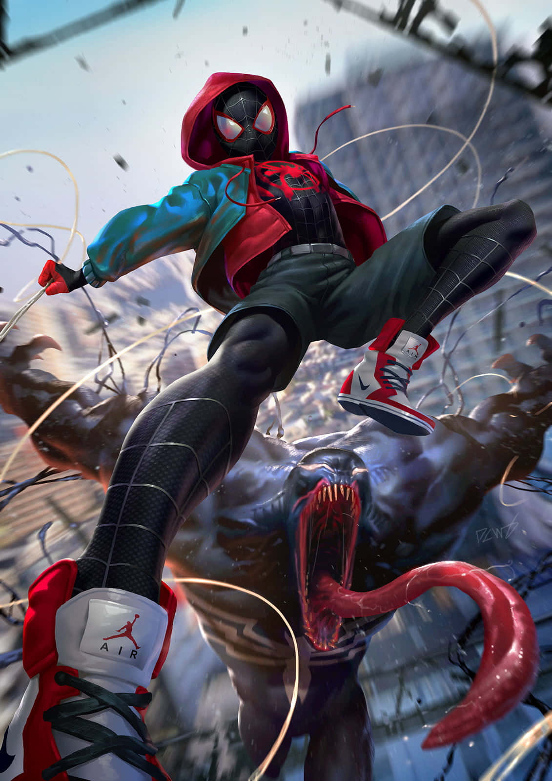Miles Morales 動漫 桌布 壁紙 — 蜘蛛俠動態地跳過咆哮的毒液，在一個高能量的漫畫動作場景中。