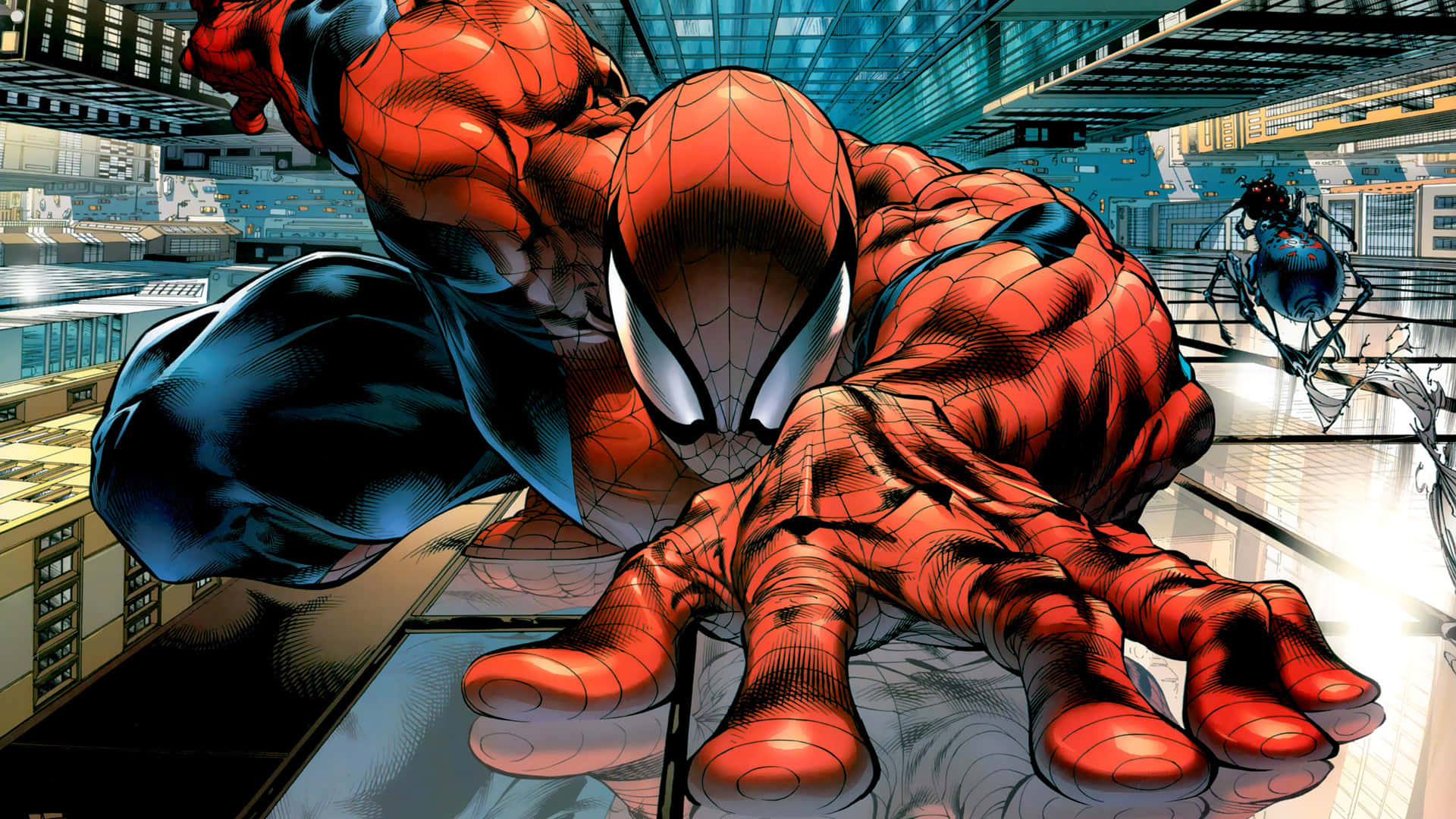 Ultimate Spider-man 桌布 壁紙 — 蜘蛛俠動態地蹲在玻璃屋頂上，俯瞰著明亮日光下的廣闊城市景觀。