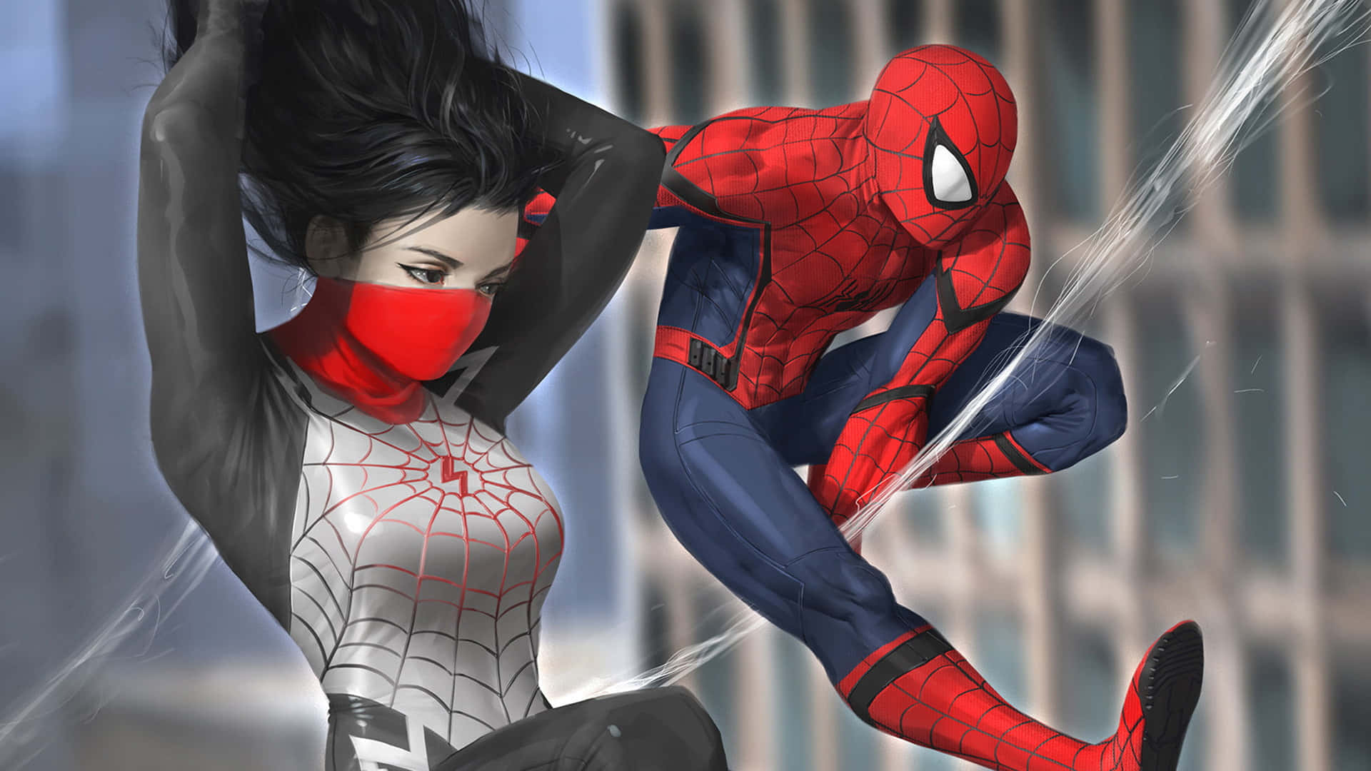 Spider-man Web Slinging 桌布 壁紙 — 蜘蛛俠向著一位戴紅色面具、身穿銀色戰衣的女超級英雄擺盪，背景是模糊的城市景色。