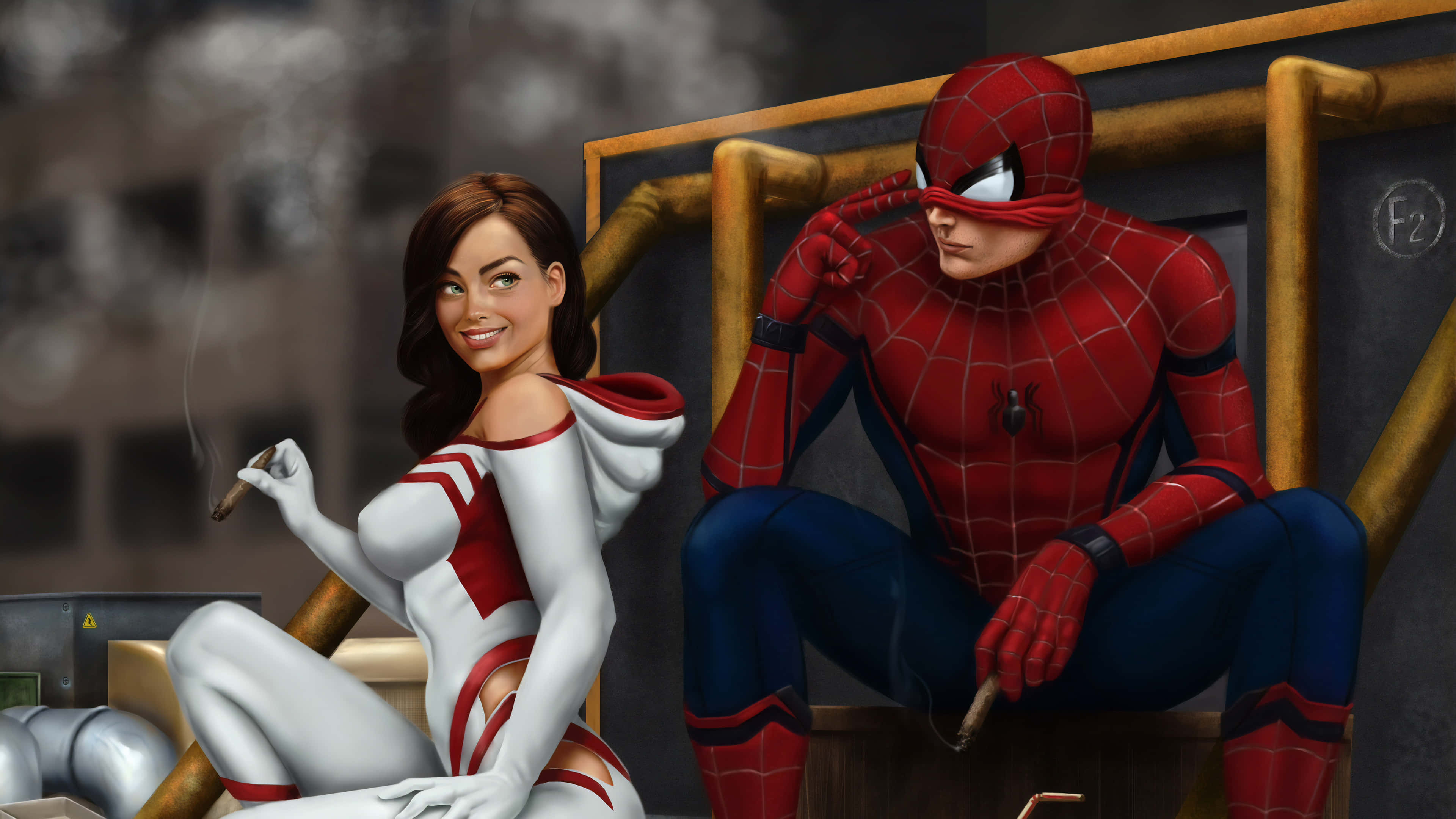 Gwen Stacy 桌布 壁紙 — 蜘蛛俠和一位身穿白色和紅色套裝的女性坐在工業管道上，在煙霧瀰漫的城市環境中抽雪茄。