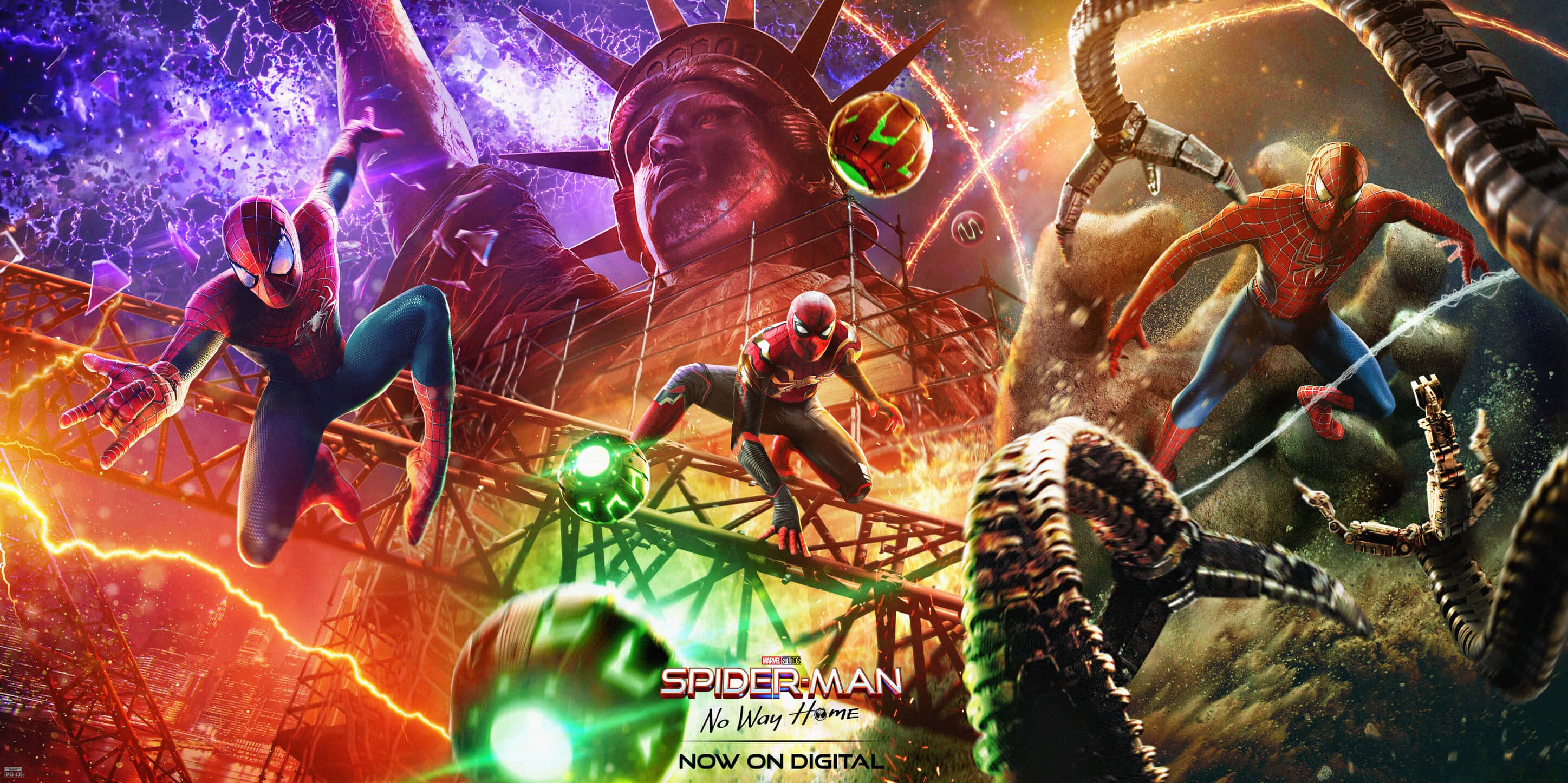 Spider Man No Way Home 桌布 壁紙 — 蜘蛛俠和邁爾斯·莫拉萊斯在混亂的紐約天際線中擺盪，在發光的綠色球體和電能中與毒液戰鬥。