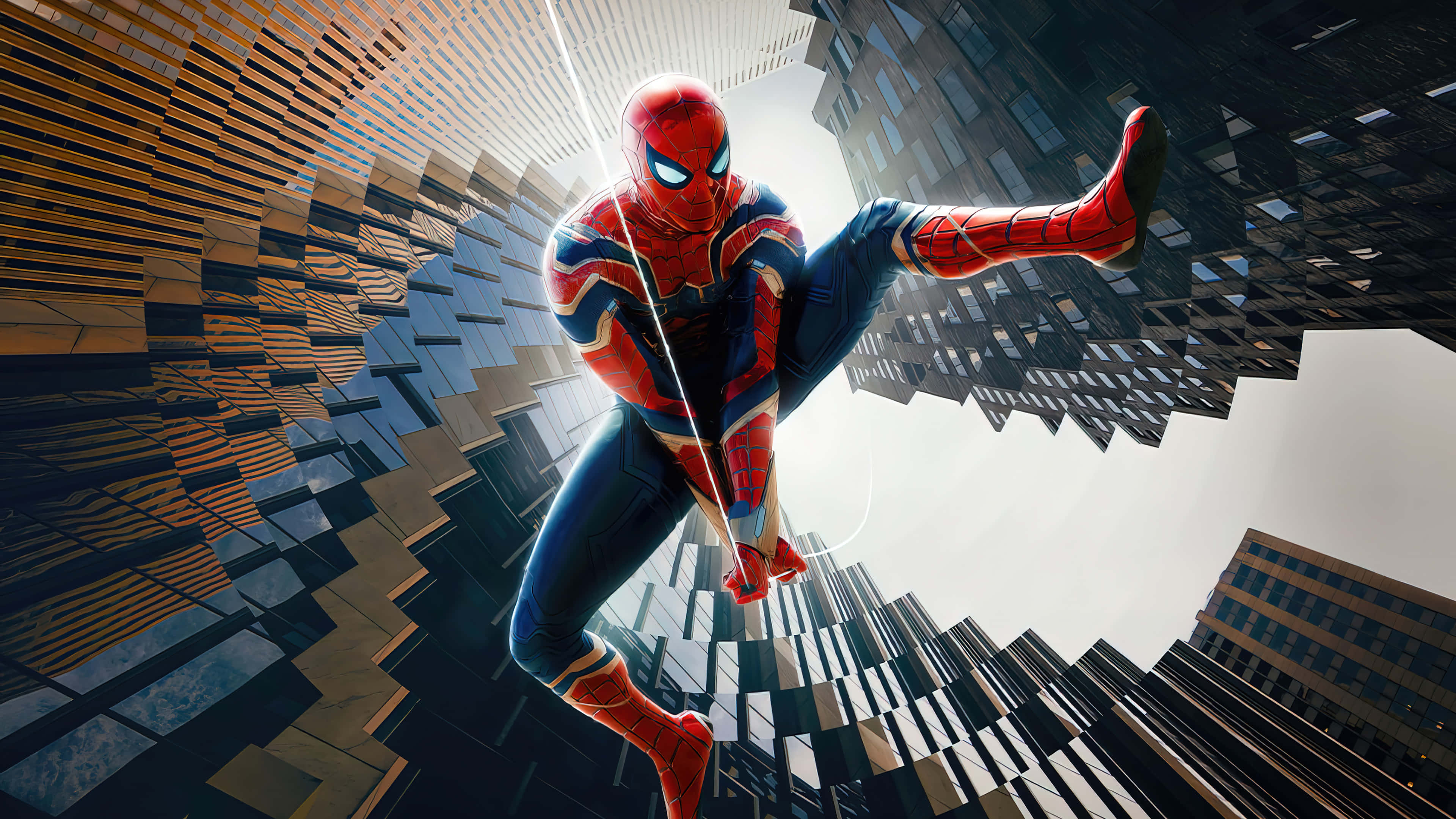 Spider Man No Way Home 桌布 壁紙 — 蜘蛛俠喺低角度拍攝嘅城市峽谷中，喺高聳嘅摩天大廈之間動態擺盪。