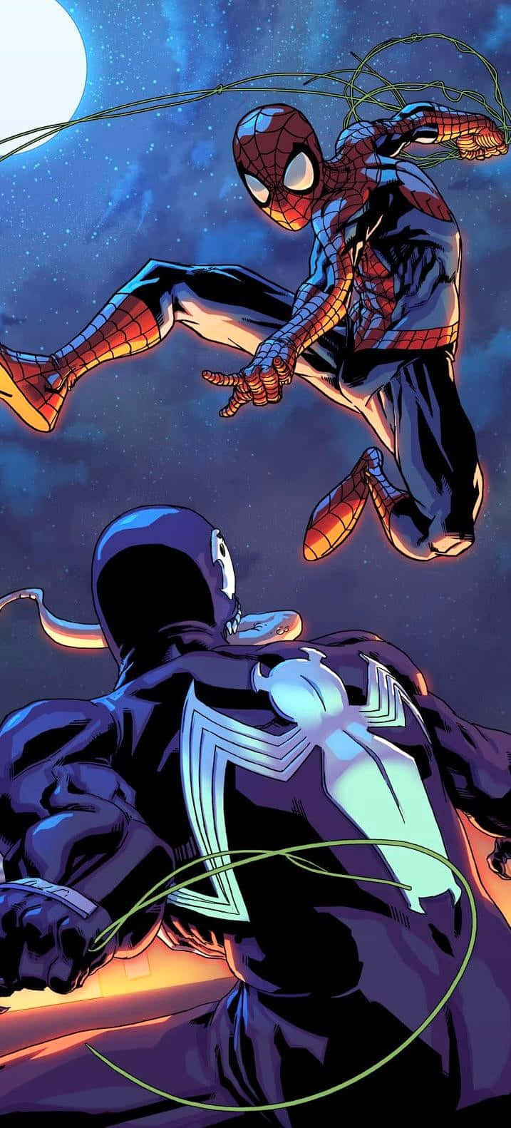 Venom Comic Book 桌布 壁紙 — 蜘蛛俠喺星光燦爛嘅夜空下，喺發光月亮下蹲伏嘅毒魔上方擺盪。