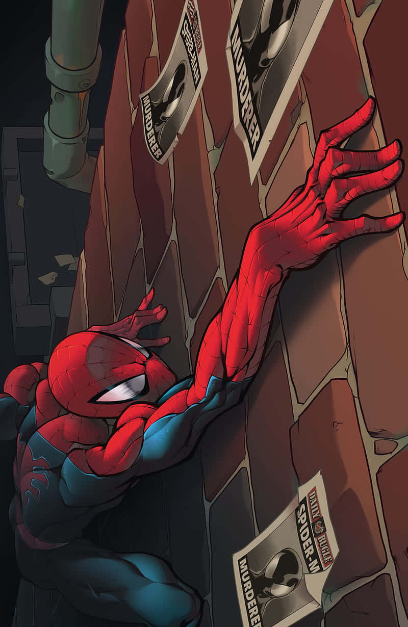  壁紙 — 蜘蛛俠喺污糟嘅城市後巷入面，抓住一幅鋪滿『Spider-Man Murderer』海報嘅磚牆。