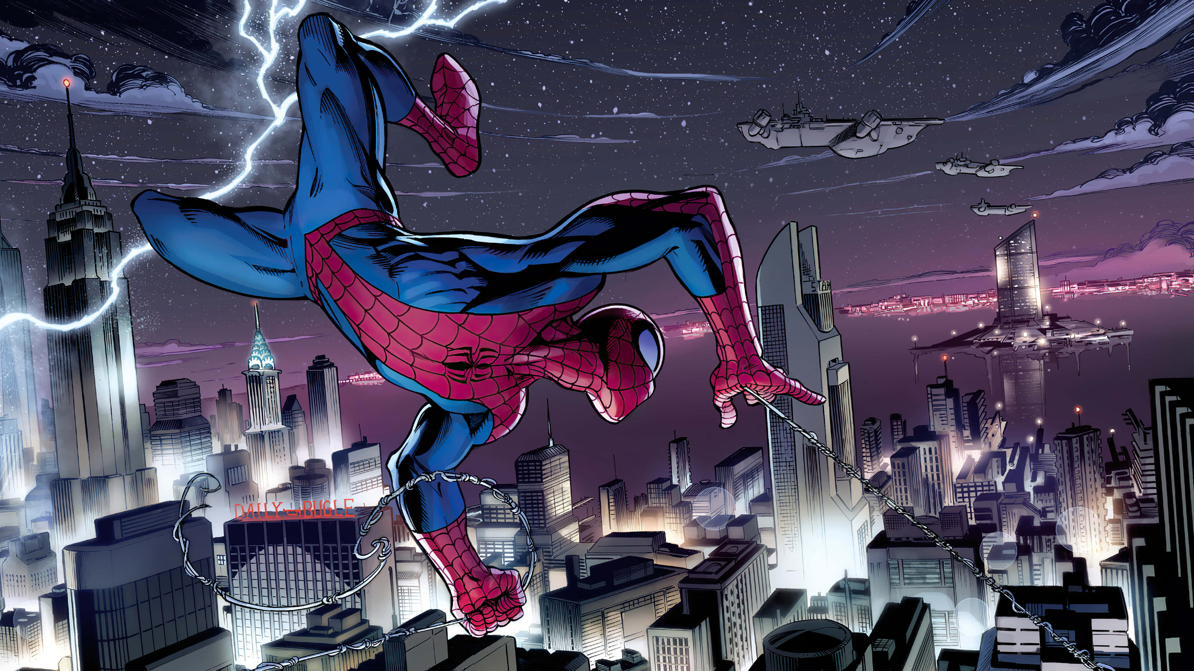 Ultimate Spider-man 桌布 壁紙 — 蜘蛛俠喺閃電劃破暴風雨夜空下，穿過霓虹燈照亮嘅城市景觀盪來盪去。