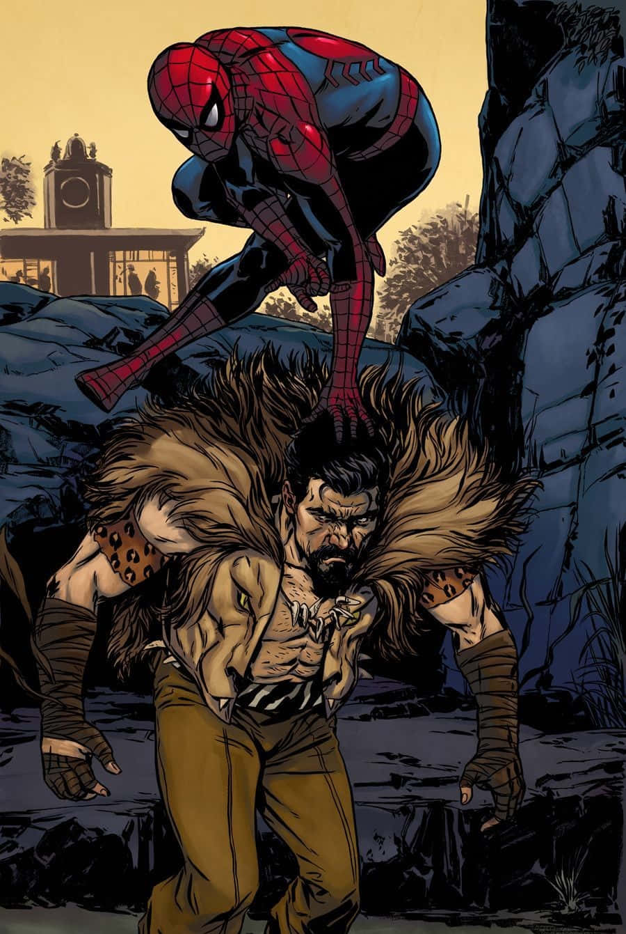 Kraven The Hunter 桌布 壁紙 — 蜘蛛俠喺黃昏城市背景下跳過一個肌肉發達、鬍鬚濃密、披住毛皮襯裡斗篷嘅男人。