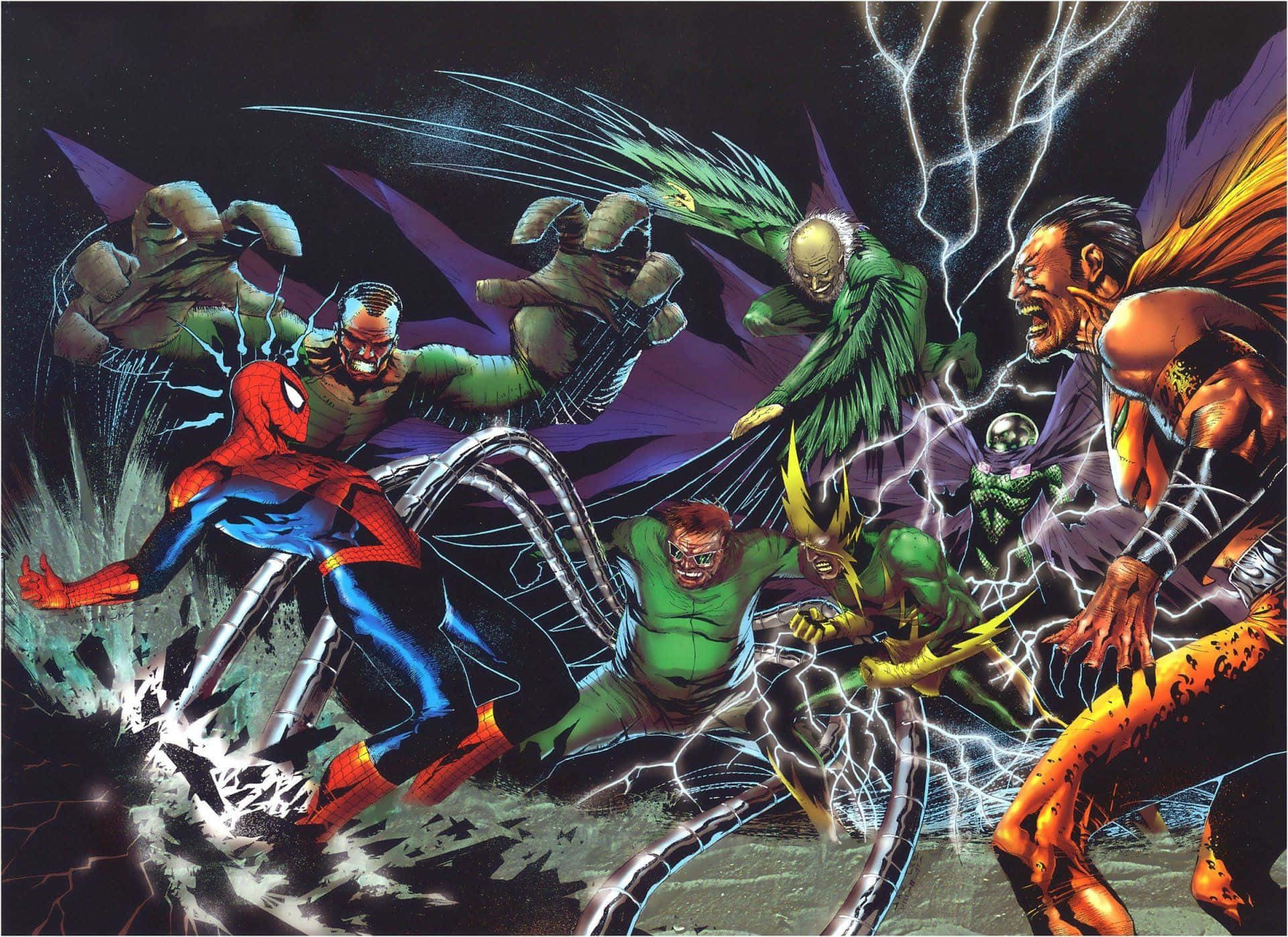 Sinister Six 桌布 壁紙 — 蜘蛛俠在一個充滿閃電和動態動作的混亂漫畫場景中與多個反派戰鬥。