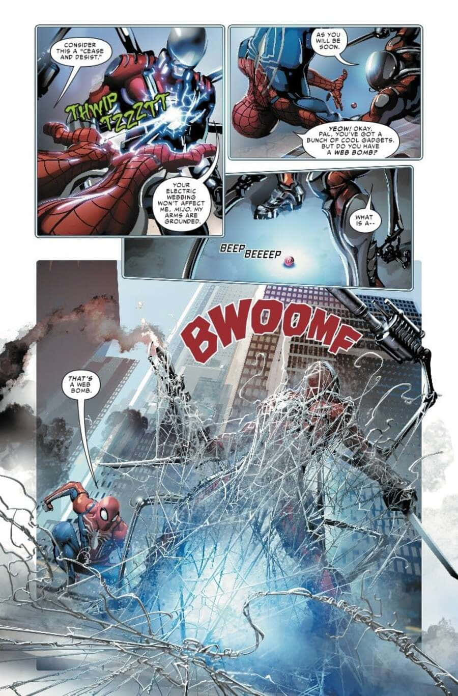 Spider-geddon 桌布 壁紙 — 蜘蛛俠在一個動態漫畫面板中與機械人對手戰鬥，帶有爆炸性的蜘蛛網效果和城市景觀背景。