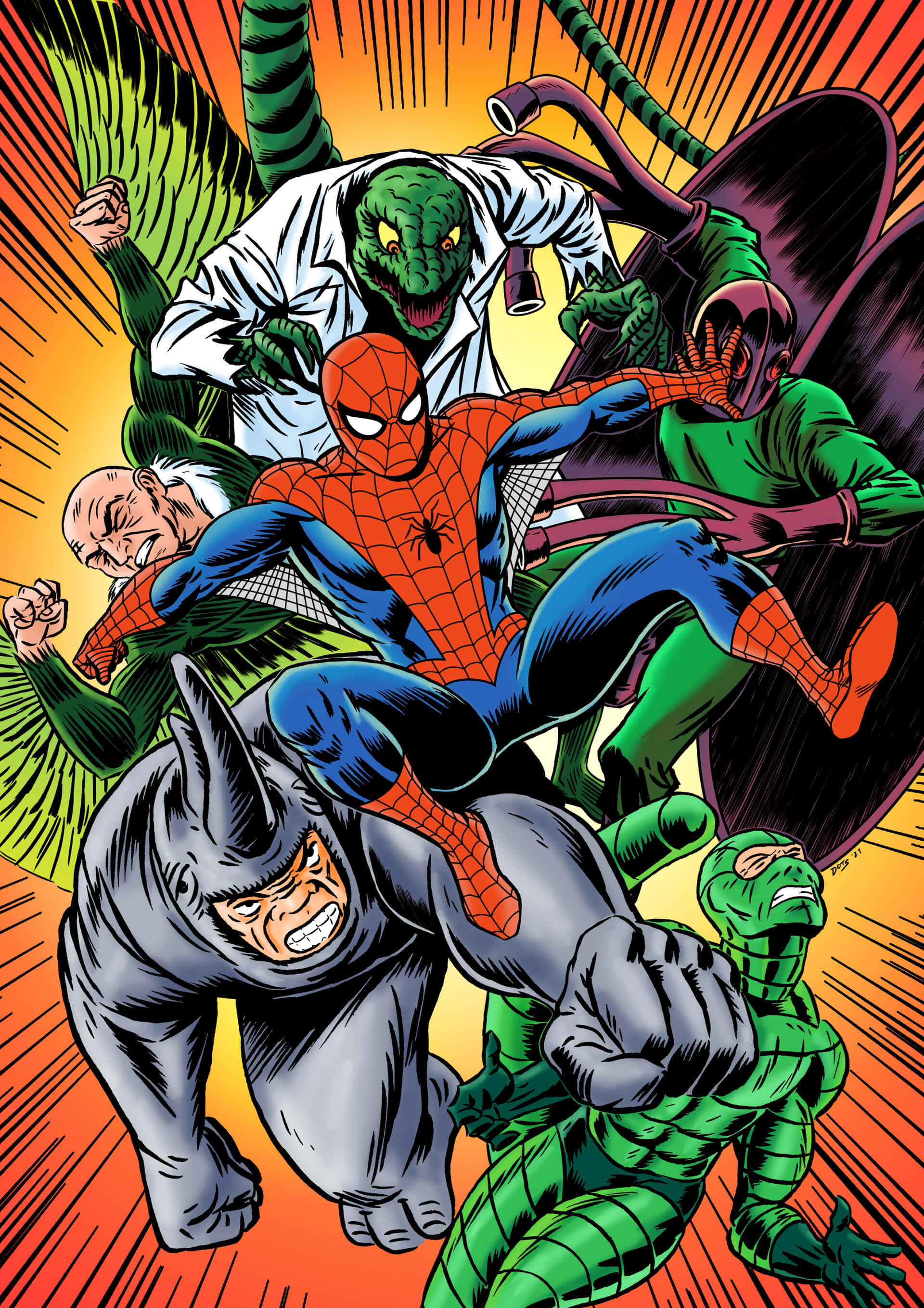 The Scorpion 桌布 壁紙 — 蜘蛛俠在一個動態的漫畫面板中與多個綠色皮膚的惡棍戰鬥，背景是爆炸性的橙色和黃色。