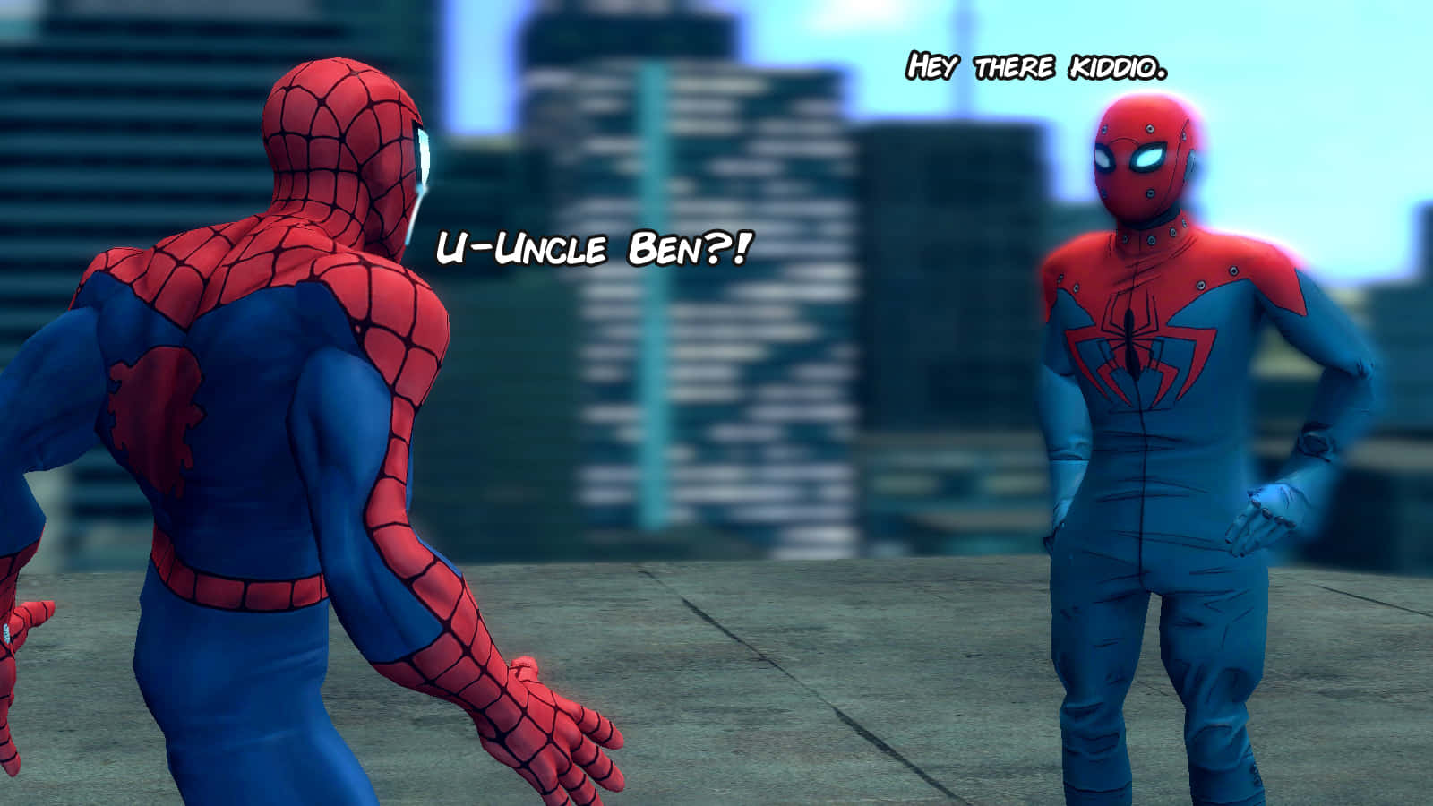 Uncle Ben 桌布 壁紙 — 蜘蛛俠在一個城市景觀中面對一個發光紅色套裝的蜘蛛俠，並有對話氣泡。
