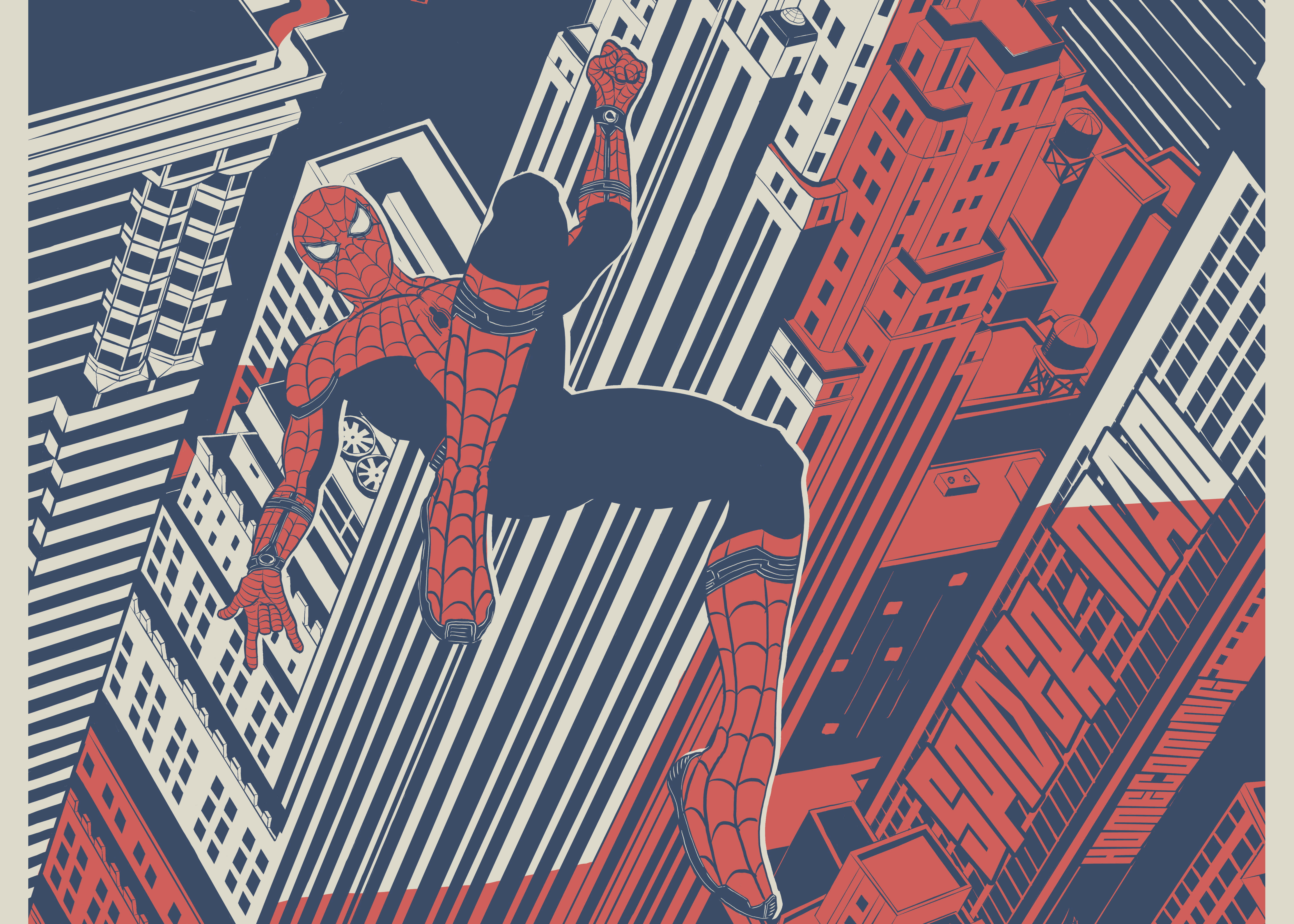 Spider-man Web Slinging 桌布 壁紙 — 蜘蛛俠在一個大膽的圖形插圖中，動態地擺盪在高聳的紅色和藍色摩天大樓之間。